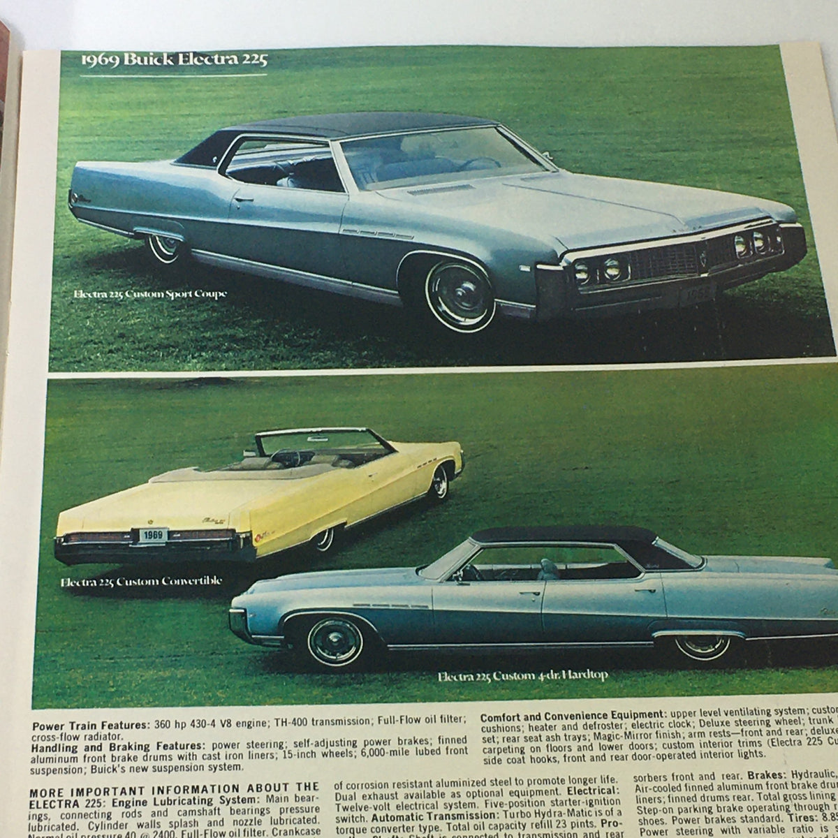 Image from the VTG 1969 Buick Riviera GS Electra Custom Sport Coupe Car Auto Brochure Catalog featuring a 1969 Buick Electra 225 and a 1969 Buick Electra 225 Custom Convertible, showcasing classic car design and luxury.
