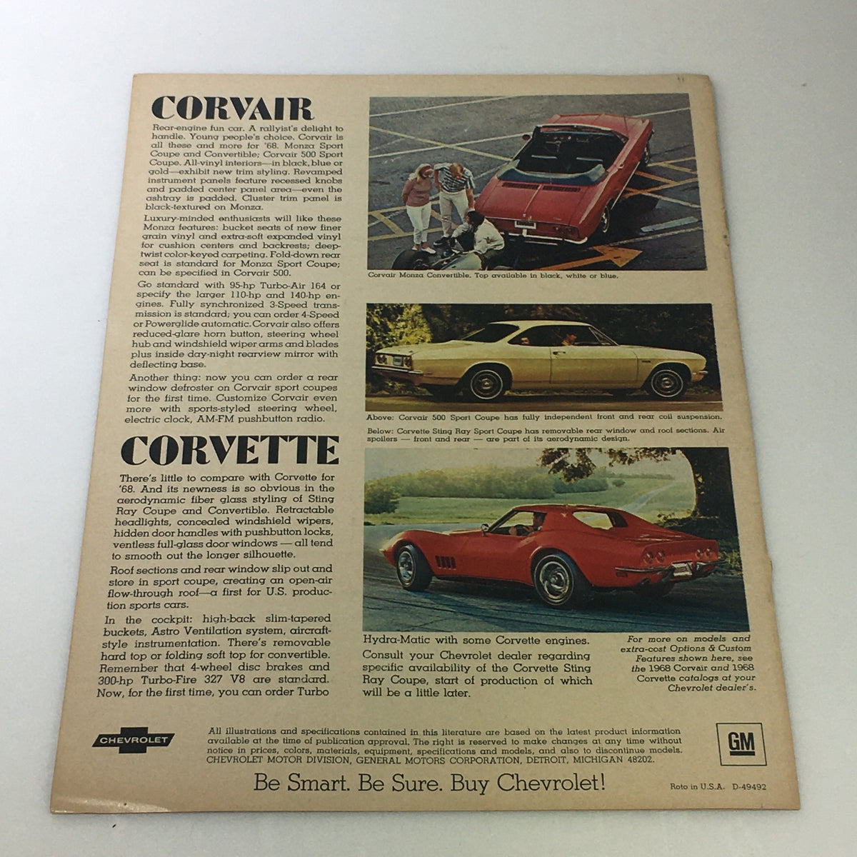 Back page of the VTG 1968 Chevrolet Chevelle Camaro Chevy II Corvair Car Auto Brochure Catalog featuring the Corvair and Corvette models, highlighting their vintage appeal.