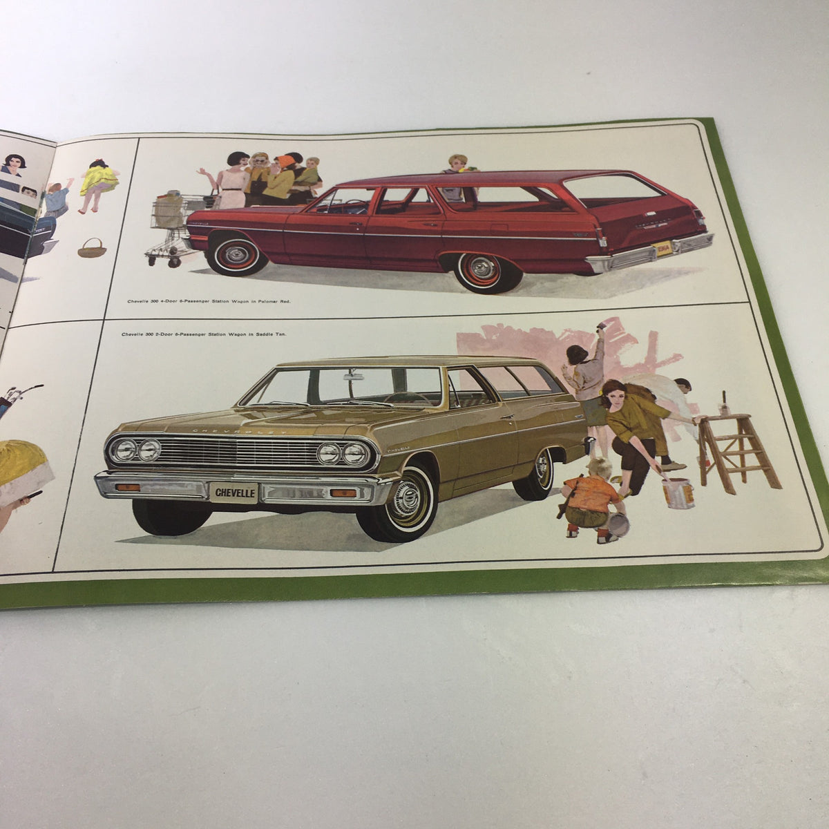 Inside page of the VTG 1963 Chevrolet Chevelle 300 Station Wagon Car Auto Brochure Catalog showcasing various Chevrolet models with family-oriented scenes.