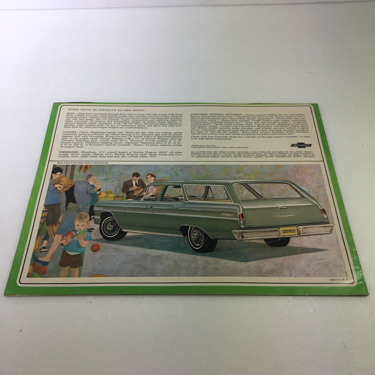 Back cover of the VTG 1963 Chevrolet Chevelle 300 Station Wagon Car Auto Brochure Catalog with a detailed illustration of a Chevrolet wagon.