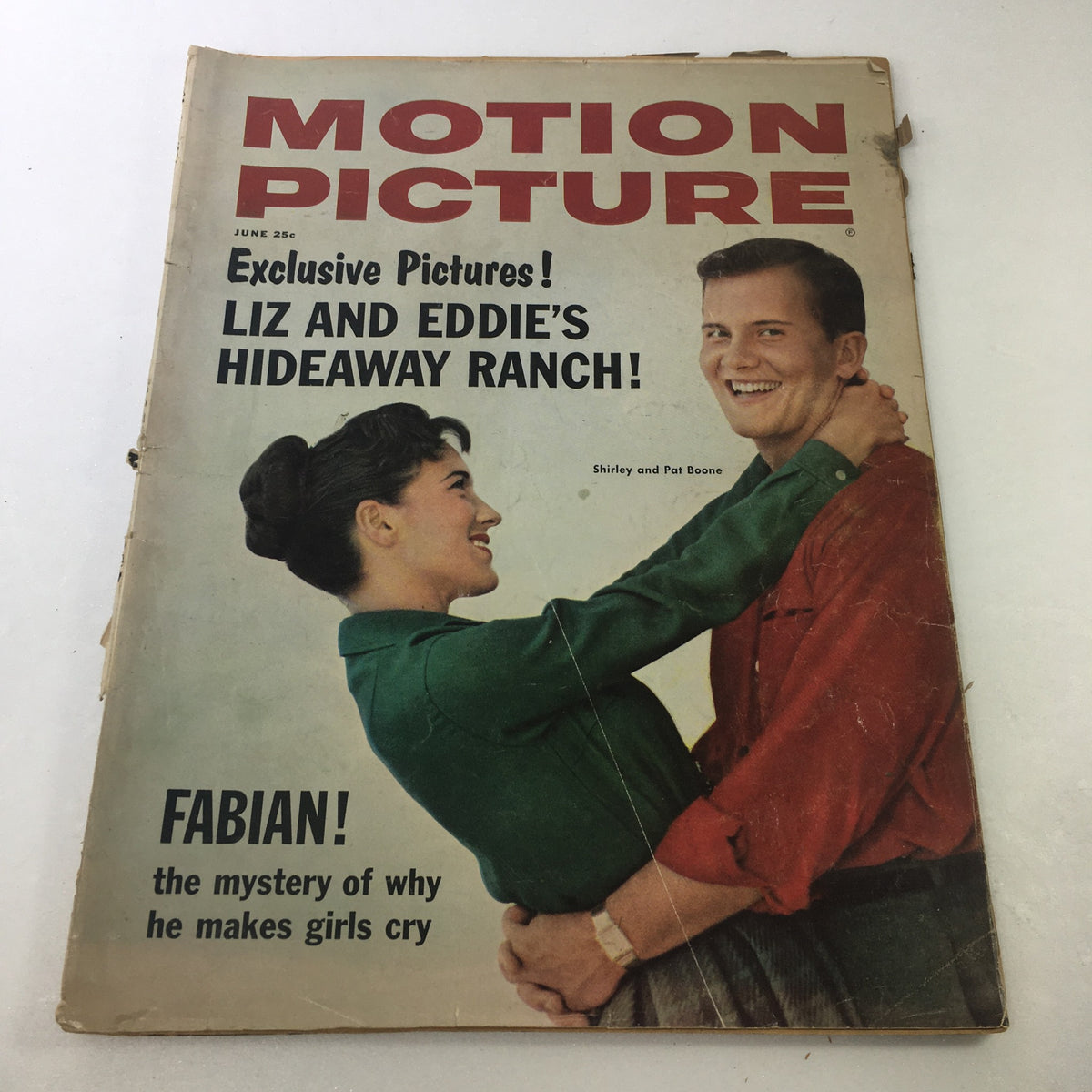 VTG Motion Picture Magazine June 1959 featuring a vibrant cover with Shirley Boone and Pat Boone, showcasing the glamour of classic Hollywood.