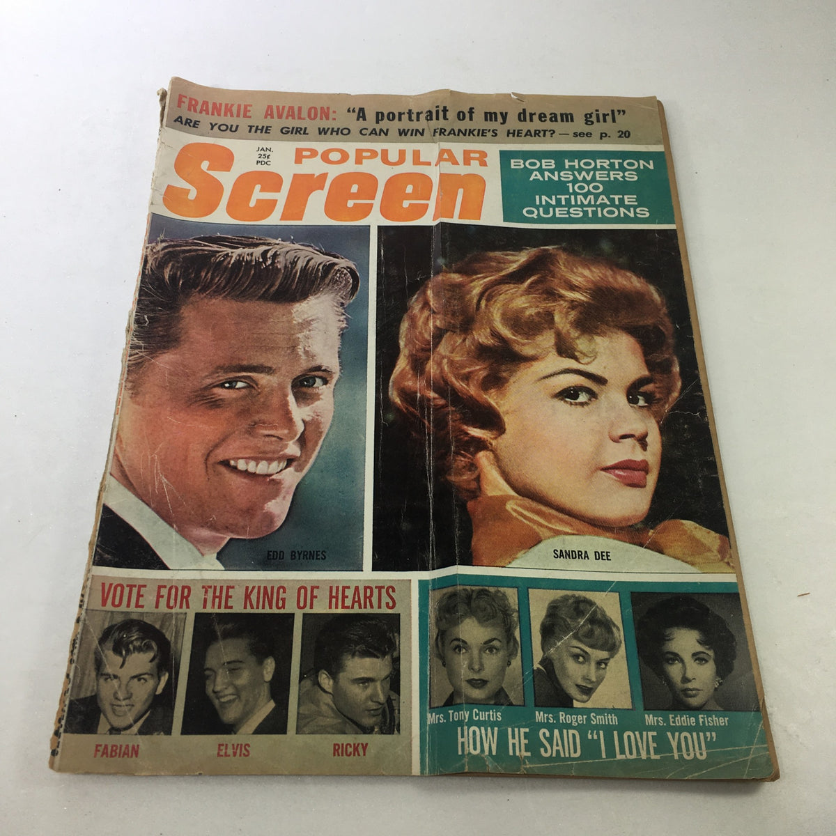VTG Popular Screen Magazine January 1960 cover featuring Edd Byrnes and Sandra Dee, showcasing stars of the era. The magazine includes a voting section for the King of Hearts with images of Elvis Presley, Fabian, and Ricky.