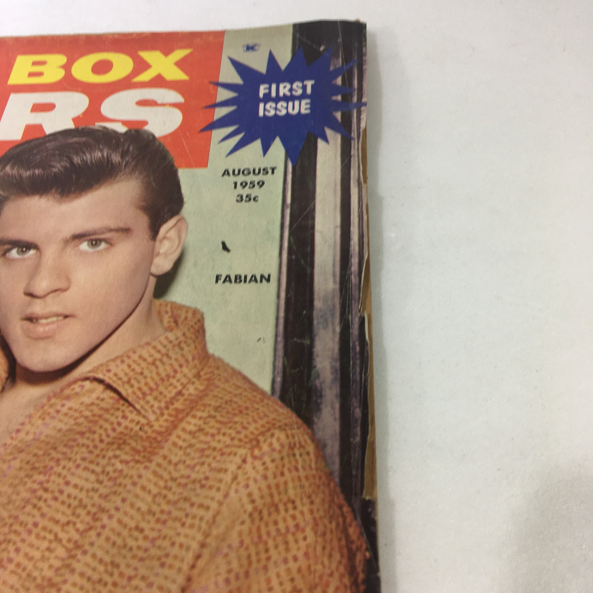 Close-up of the cover of VTG Juke Box Stars Magazine from August 1959 highlighting Fabian and the 'First Issue' banner with vivid graphics.