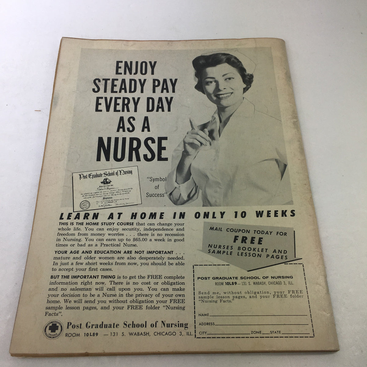 Back cover advertisement from a magazine featuring a female nurse promoting a home study course for nursing, showcasing vintage educational opportunities.