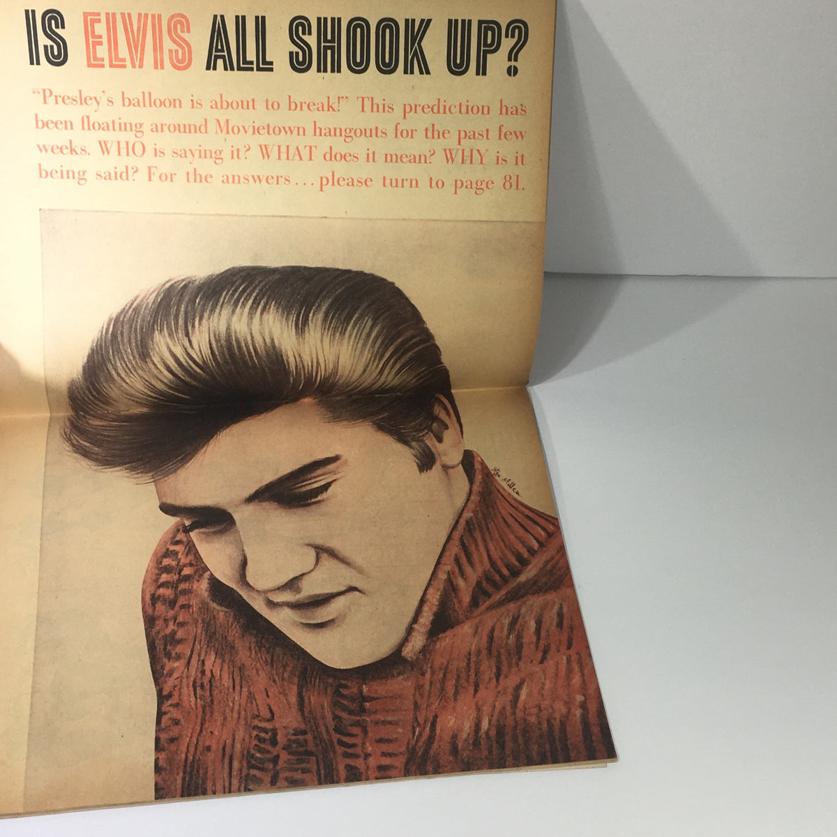 Inside page from May 1961 Teen Magazine questioning whether Elvis Presley is all shook up, accompanied by a sketch of the star.