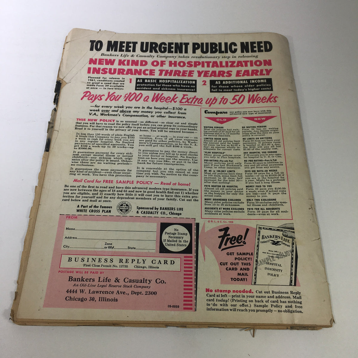 Advertisement page from the VTG Movie Land & TV Time Magazine May 1959 detailing a new hospitalization insurance plan, reflecting the commercial style of the era.