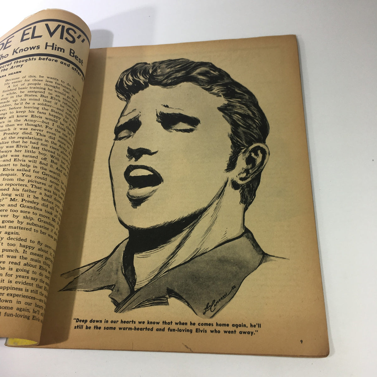 Illustration of Elvis Presley featured in VTG 16 Magazine May 1959 with accompanying text discussing insights from those closest to him.
