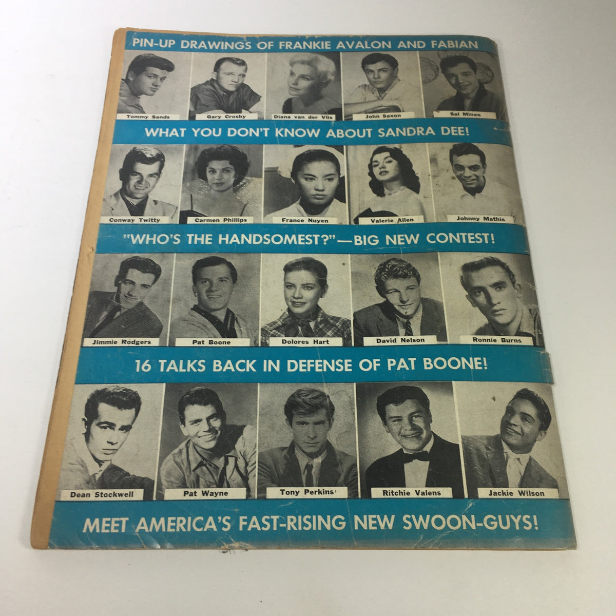 Back page of VTG 16 Magazine May 1959 featuring pin-up drawings of stars like Frankie Avalon and Fabian, and contests for readers.