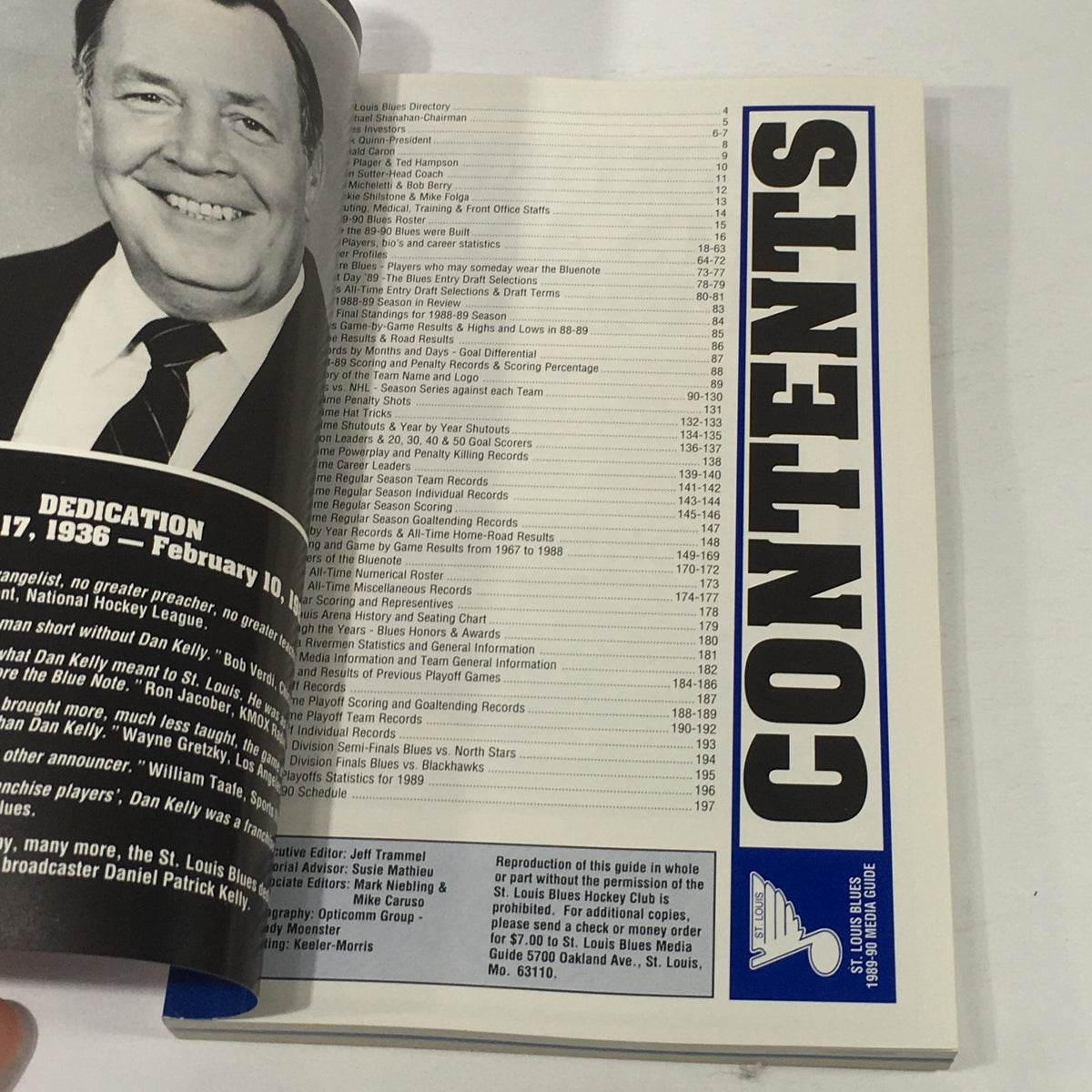 Inside view of the VTG NHL Official Media Guide 1989-1990, displaying the dedication page and table of contents with a photo of Dan Kelly.