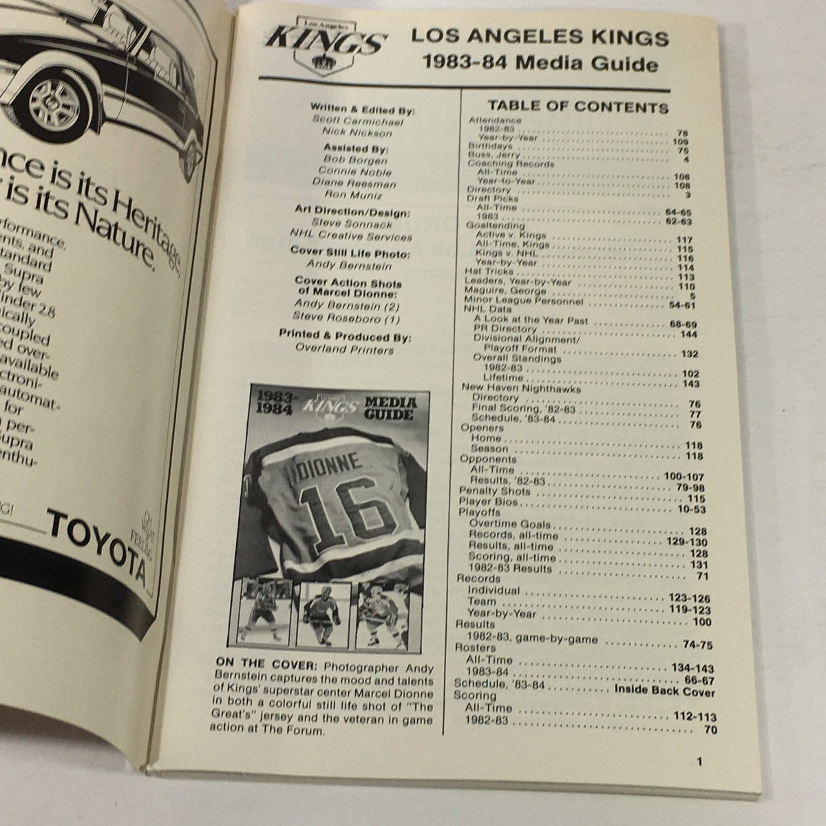 VTG NHL Official Media Guide 1983-1984 showing the Los Angeles Kings table of contents, featuring Marcel Dionne's number 16 on the cover, highlighting key information about the team and its players.