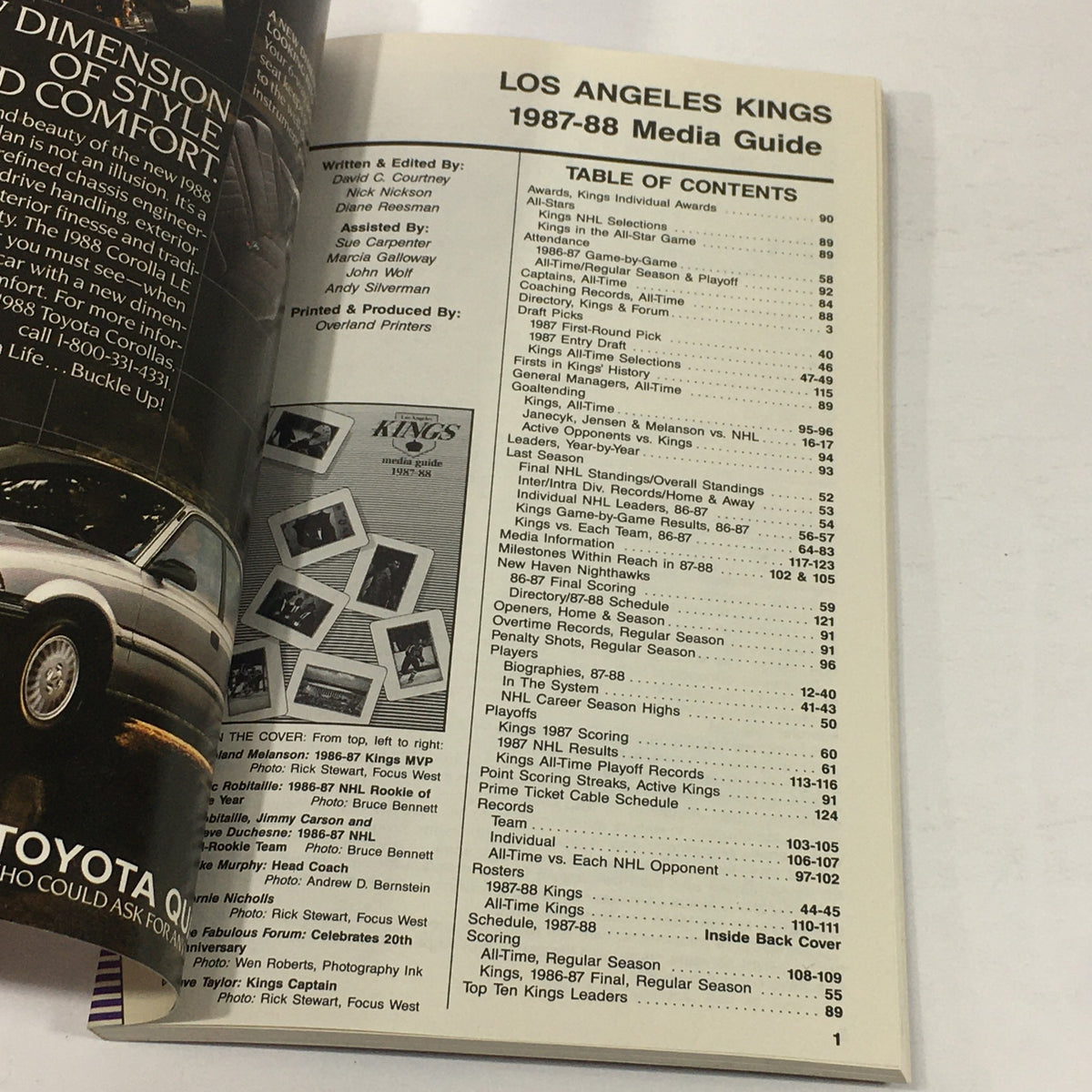 Interior page of the VTG NHL Official Media Guide 1987-1988 showcasing the Los Angeles Kings and a table of contents.