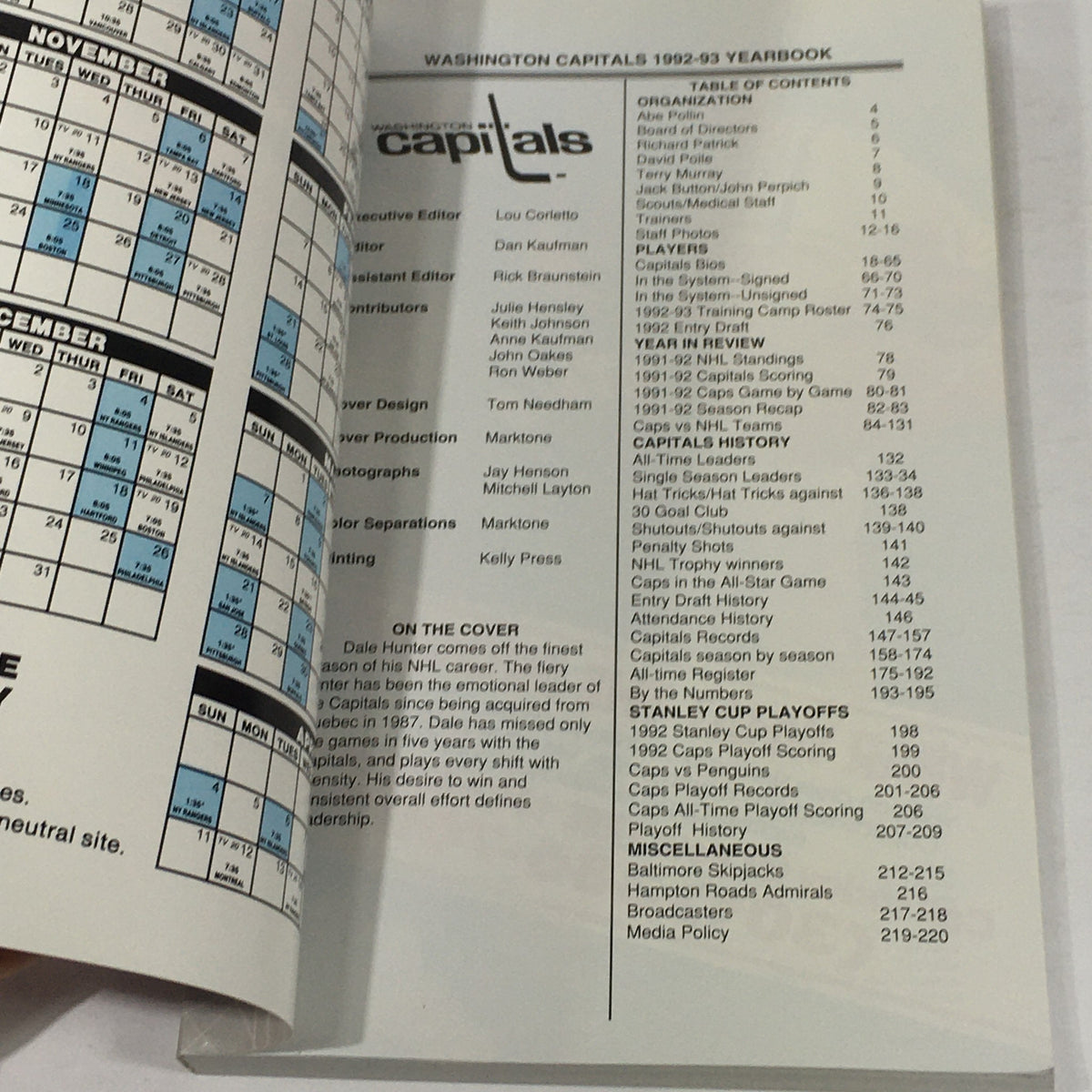 Interior page of the VTG NHL Official Yearbook 1992-1993, displaying the table of contents for the Washington Capitals yearbook, highlighting important sections and dates.