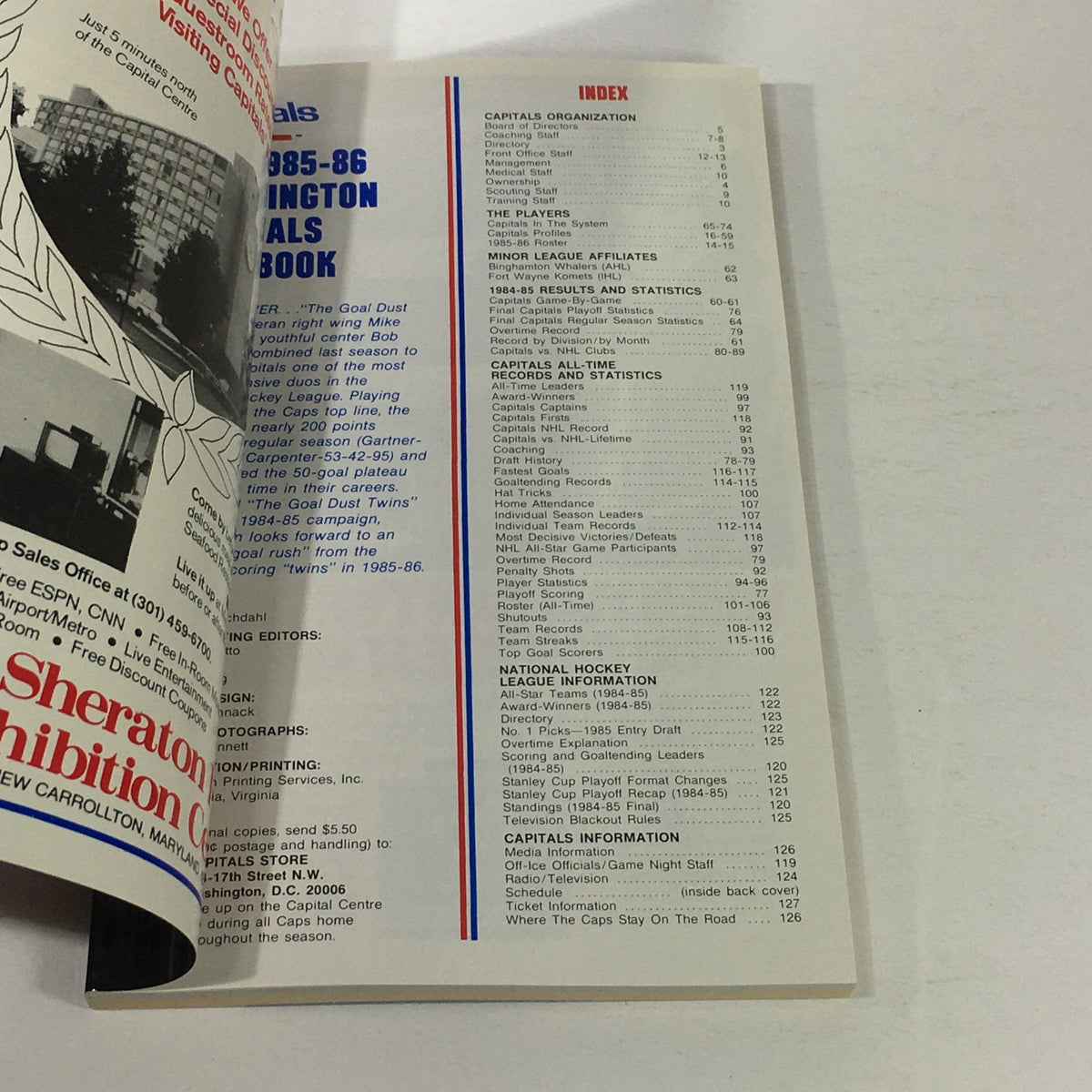 Interior page of the VTG NHL Official Yearbook 1985-1986 displaying the index and introductory content related to the Washington Capitals.