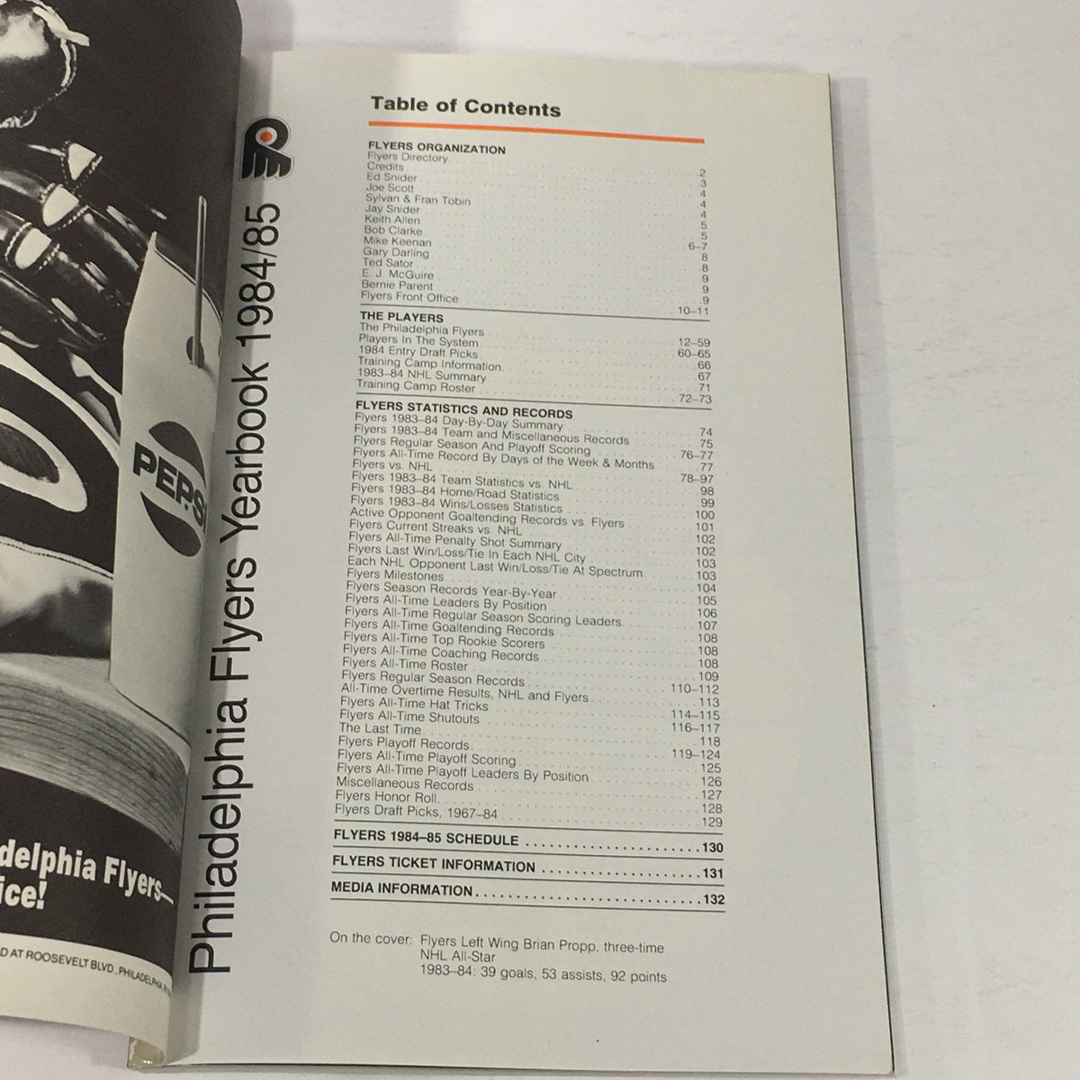 Inside page of the NHL Official Yearbook 1984-1985 detailing the Table of Contents for the Philadelphia Flyers, including sections on organization and player statistics.