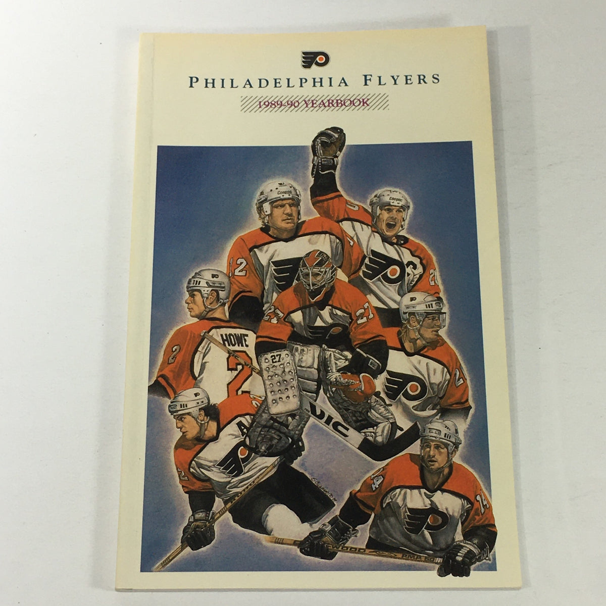 VTG NHL Official Yearbook 1989-1990 featuring the Philadelphia Flyers and players including Tim Kerr in an illustrated cover design.
