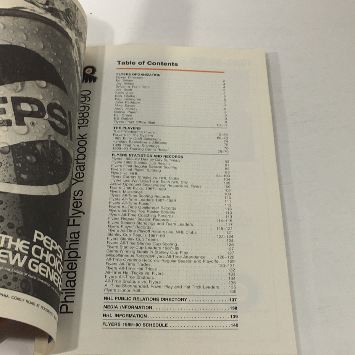 Inside of the VTG NHL Official Yearbook 1989-1990, showing the Table of Contents and featuring statistics and records for the Philadelphia Flyers.