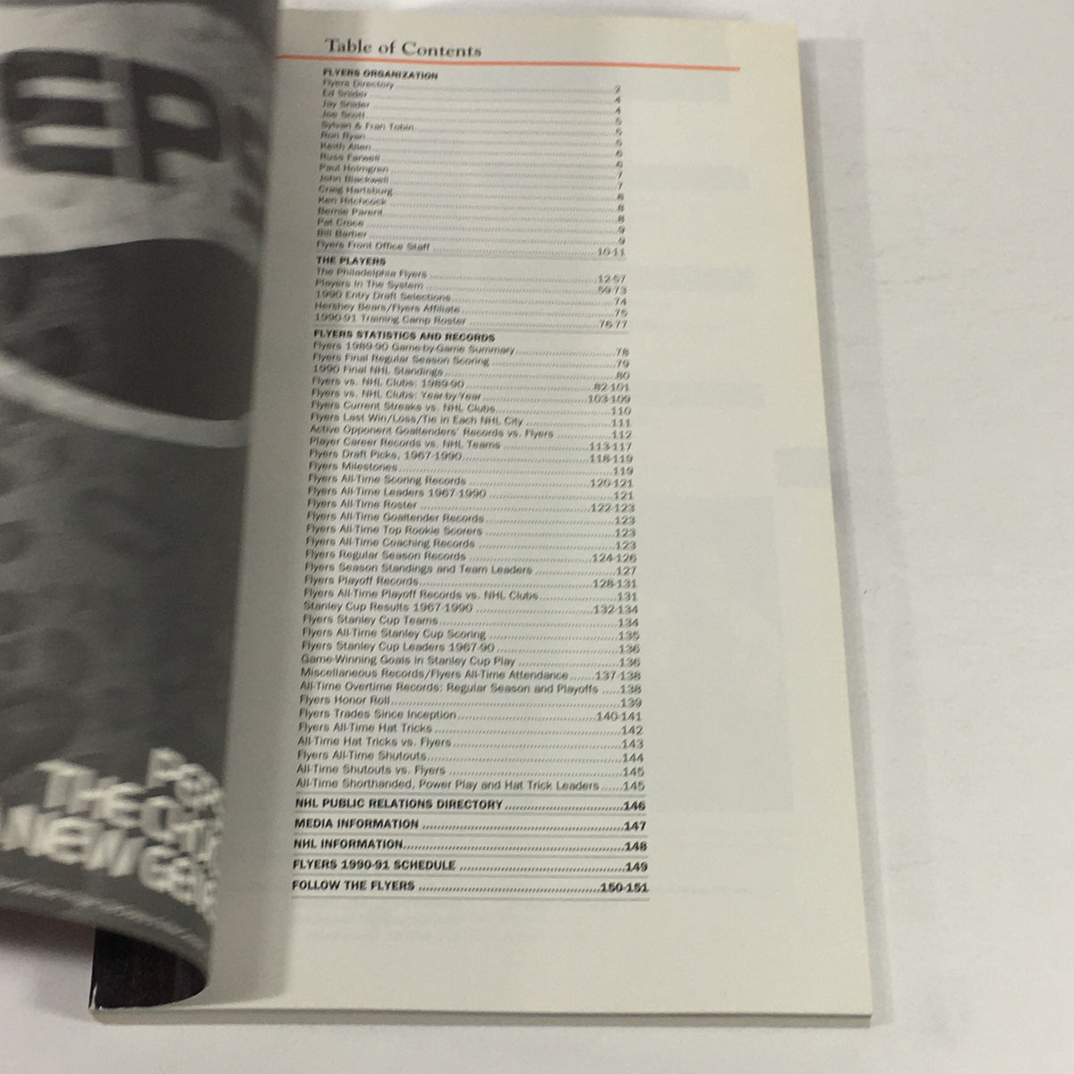 VTG NHL Official Yearbook 1990-1991 - Philadelphia Flyers interior showing the table of contents page.