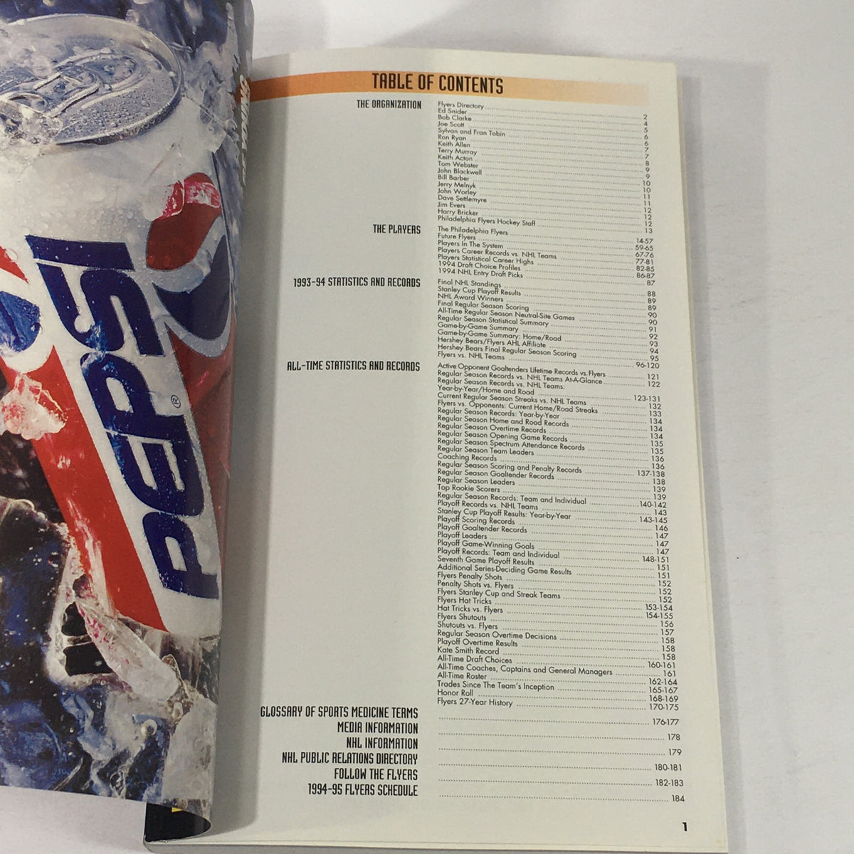 Table of Contents page from the VTG NHL Official Yearbook 1994-1995, outlining sections on players, statistics, and other details related to the Philadelphia Flyers.