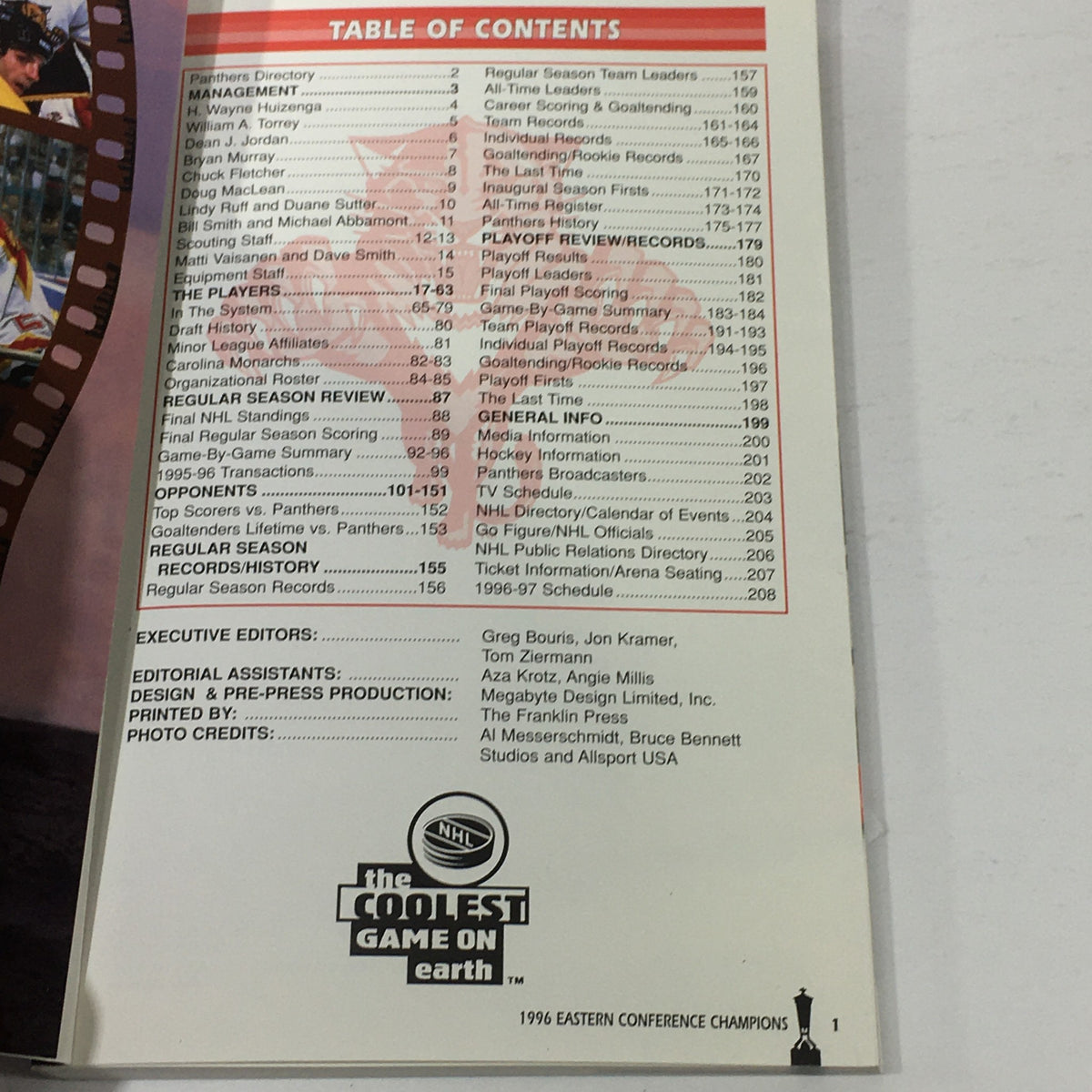 Table of Contents from the VTG NHL Official Media Guide 1996-1997 - Florida Panthers / Eastern Conference, featuring sections on management, regular season team leaders, and executive editors.