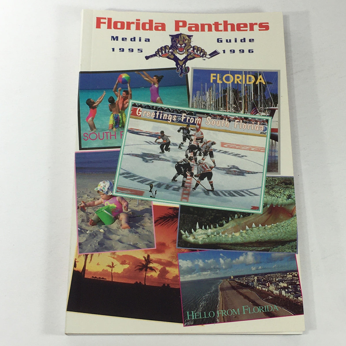 Cover of the VTG NHL Official Media Guide 1995-1996 - Florida Panthers featuring colorful imagery of beach scenes and hockey, showcasing the vibrant culture of Florida.