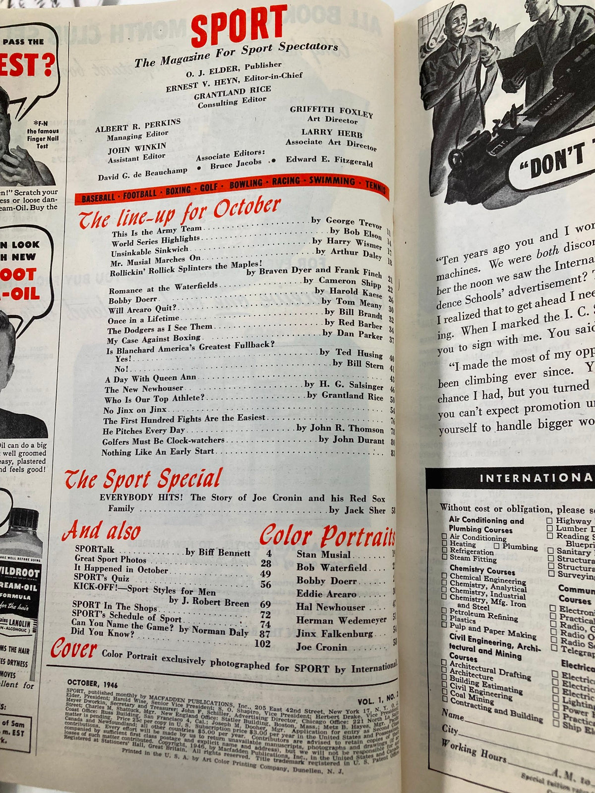 Interior page of VTG Sport Magazine October 1946 listing articles and features, highlighting sports topics such as boxing and football, reflecting the magazine's lineup for the month.