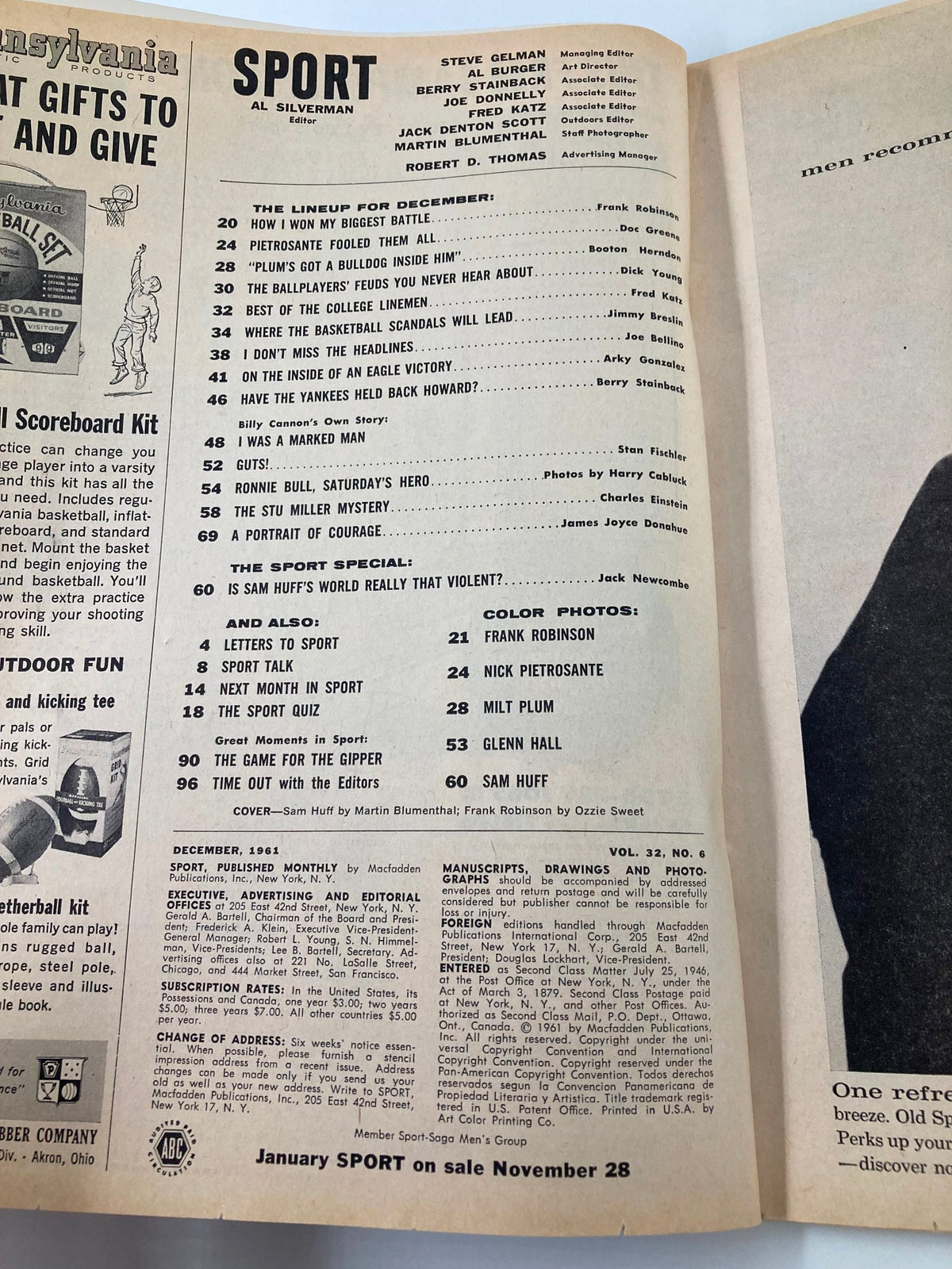 Interior page of VTG Sport Magazine December 1961 showcasing the table of contents, featuring articles including 'Sam Huff's World, Is It Violent?' and other sports topics.