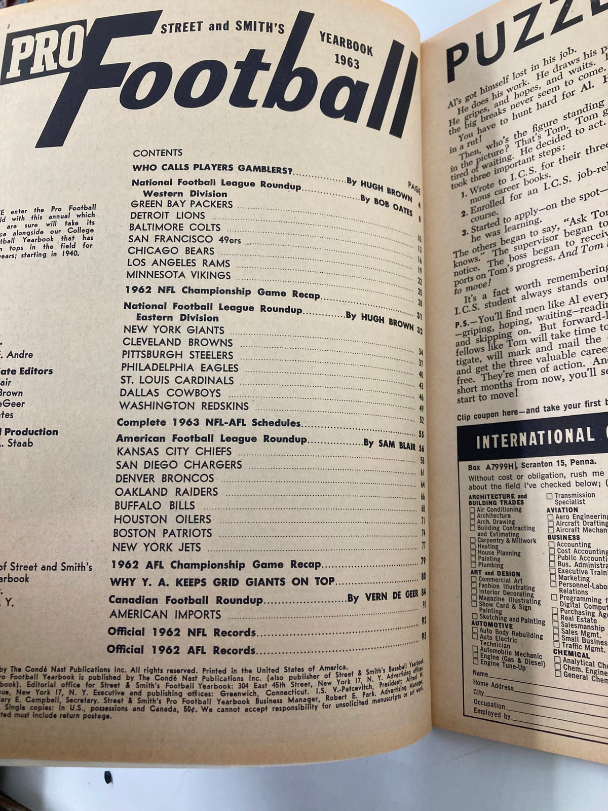 Inside view of the VTG Pro Football 1963 Yearbook featuring Yelberton Abraham Tittle, showcasing the contents page and articles from the historical football season.