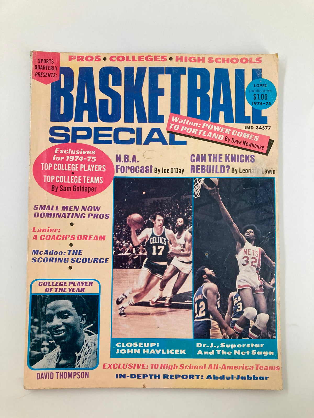 VTG Basketball Special Magazine 1974-1975 featuring John Havlicek and Julius Erving, showcasing articles on top college players, NBA forecasts, and a closeup of John Havlicek, highlighting vintage basketball history.