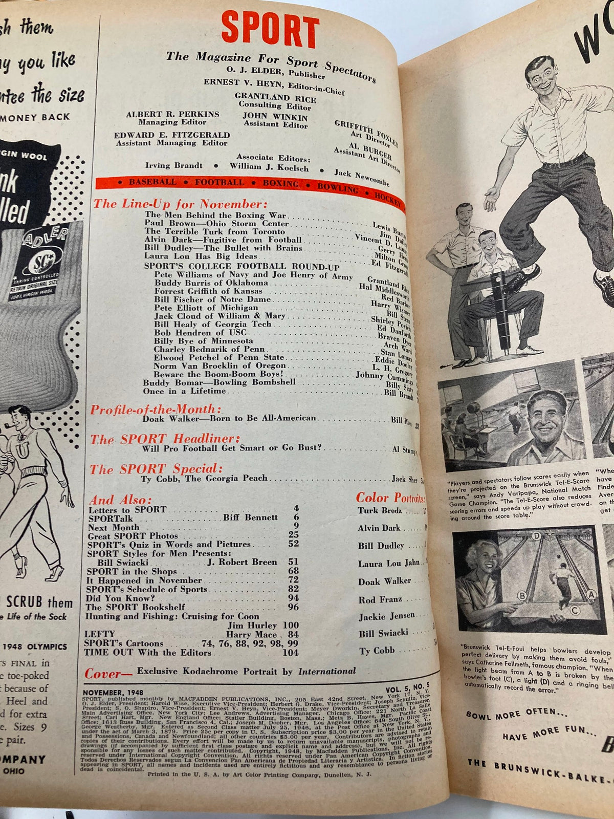 Interior page of VTG Sport Magazine from November 1948 showing the table of contents and features, including college football round-ups and profiles.