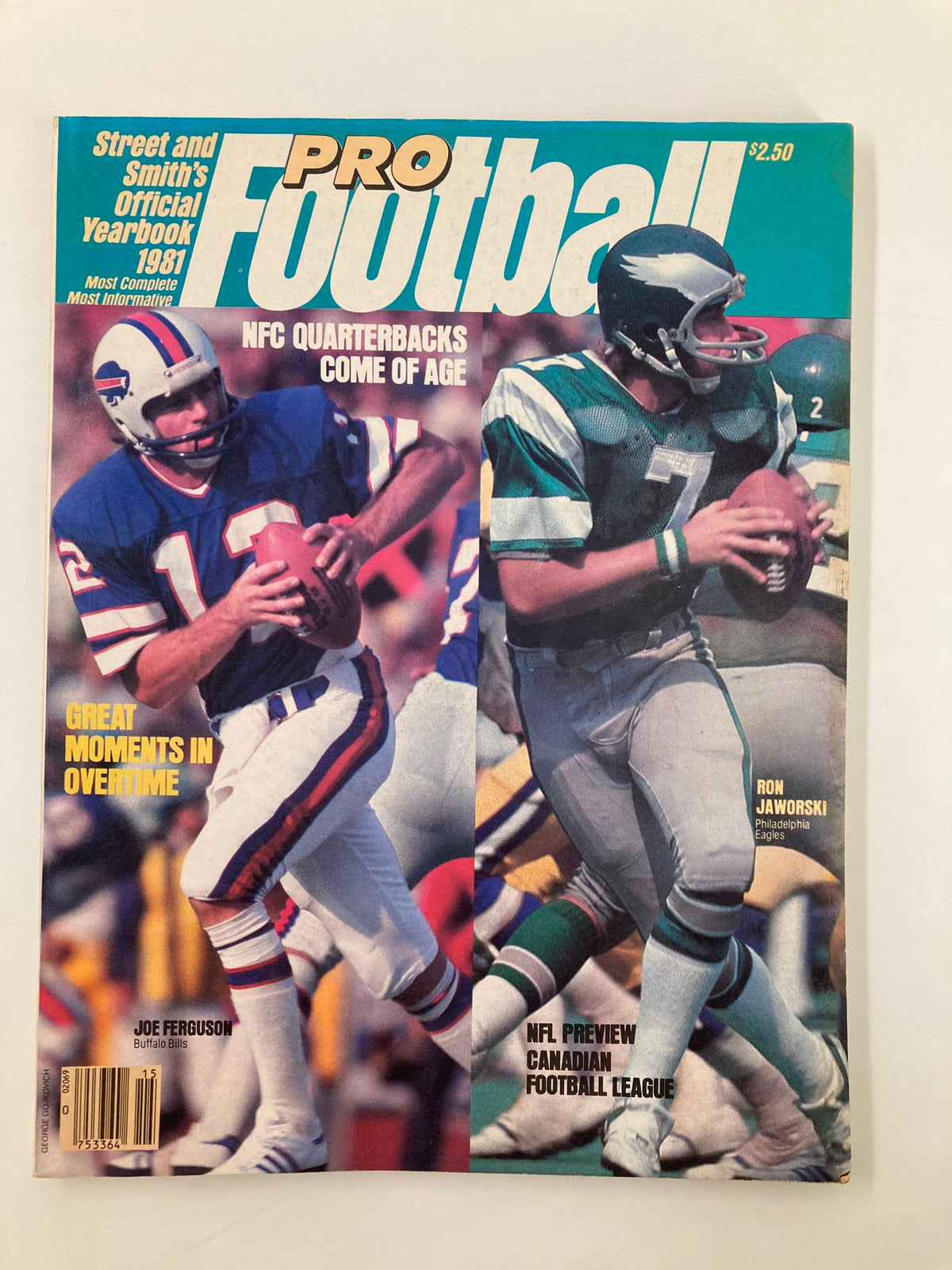 VTG Pro Football 1981 Yearbook cover featuring Joe Ferguson and Ron Jaworski, showcasing iconic NFL quarterbacks with headlines about NFC quarterbacks and memorable moments in overtime.
