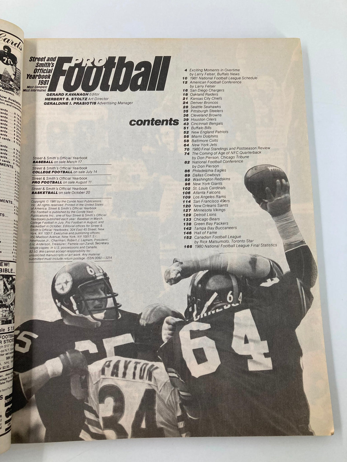 Contents page of the VTG Pro Football 1981 Yearbook, detailing articles and features. This overview reflects the significant moments and statistics from the NFL in 1981.