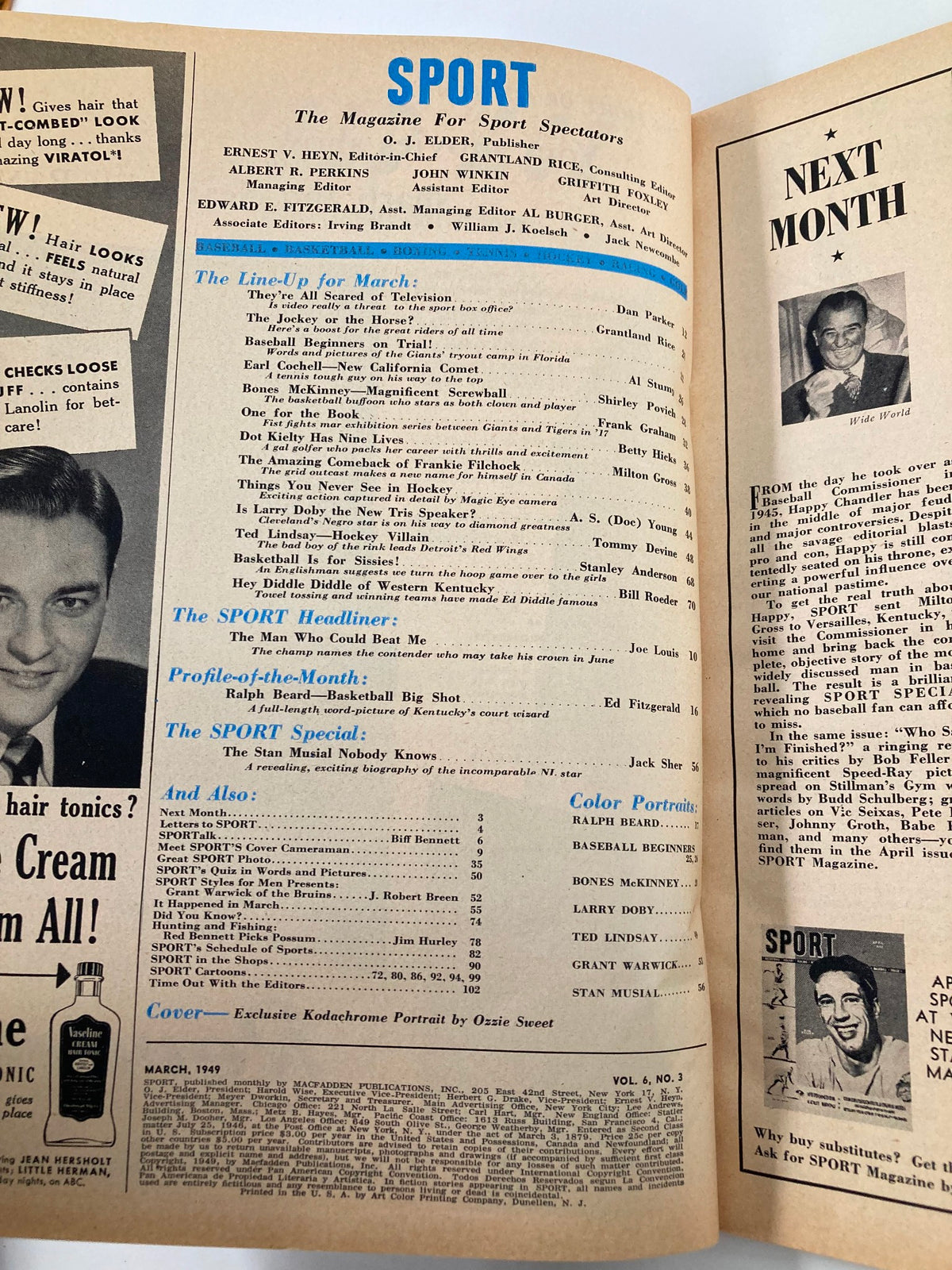 Interior page of the VTG Sport Magazine from March 1949 featuring a table of contents, including articles and profiles related to Ralph Beard of Kentucky. The magazine highlights sports topics, profiles basketball figures, and includes advertisements, capturing the essence of sports publications from the late 1940s.