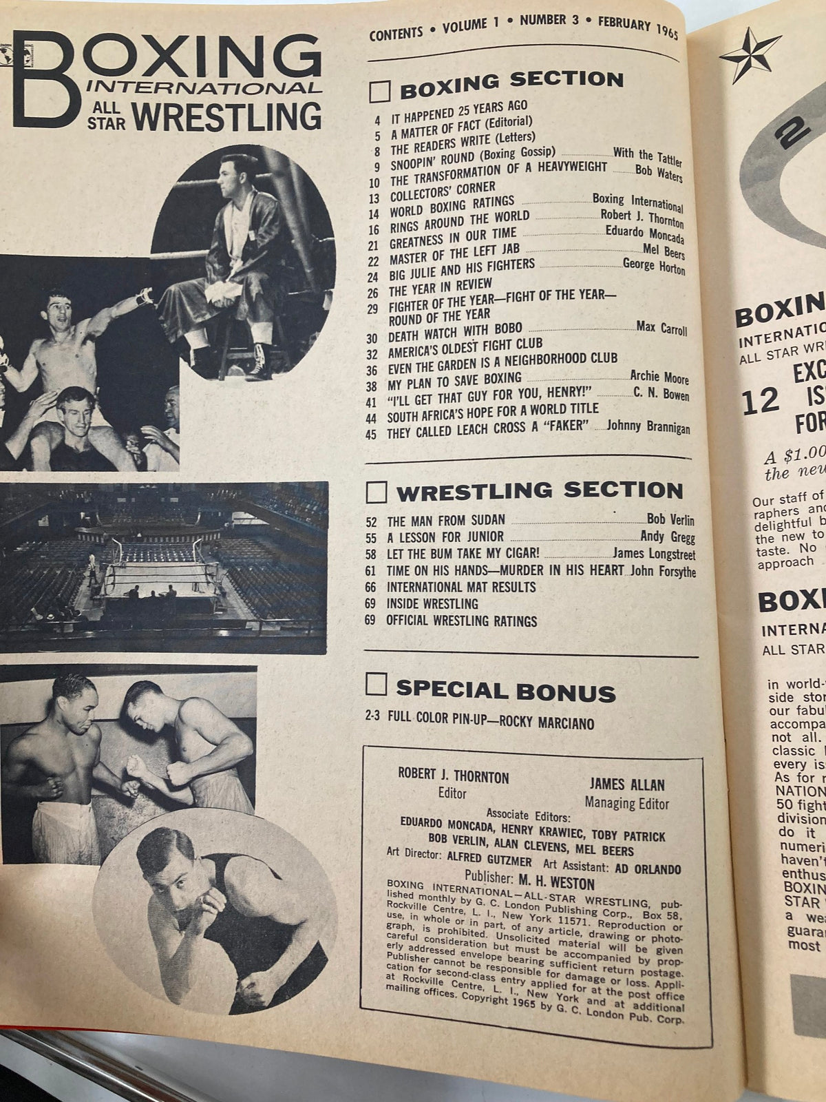 Inside page of Boxing International All Star Wrestling February 1965 showcasing the table of contents, highlighting feature articles and sections dedicated to boxing and wrestling, including a special bonus on Rocky Marciano.