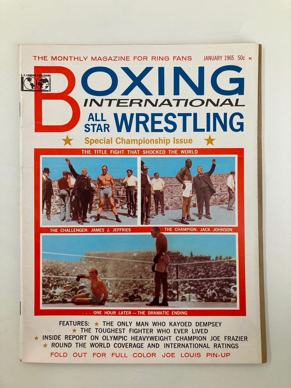Boxing International All Star Wrestling January 1965 magazine cover featuring James Jeffries, showcasing images from the boxing match and bold title elements, perfect for collectors of vintage wrestling memorabilia.