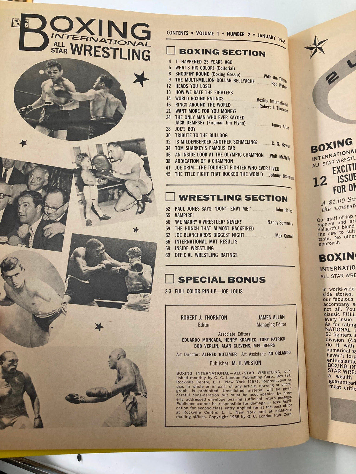 Inside page of Boxing International All Star Wrestling January 1965, detailing contents and articles with images related to boxing and wrestling, highlighting the historical significance of the magazine.
