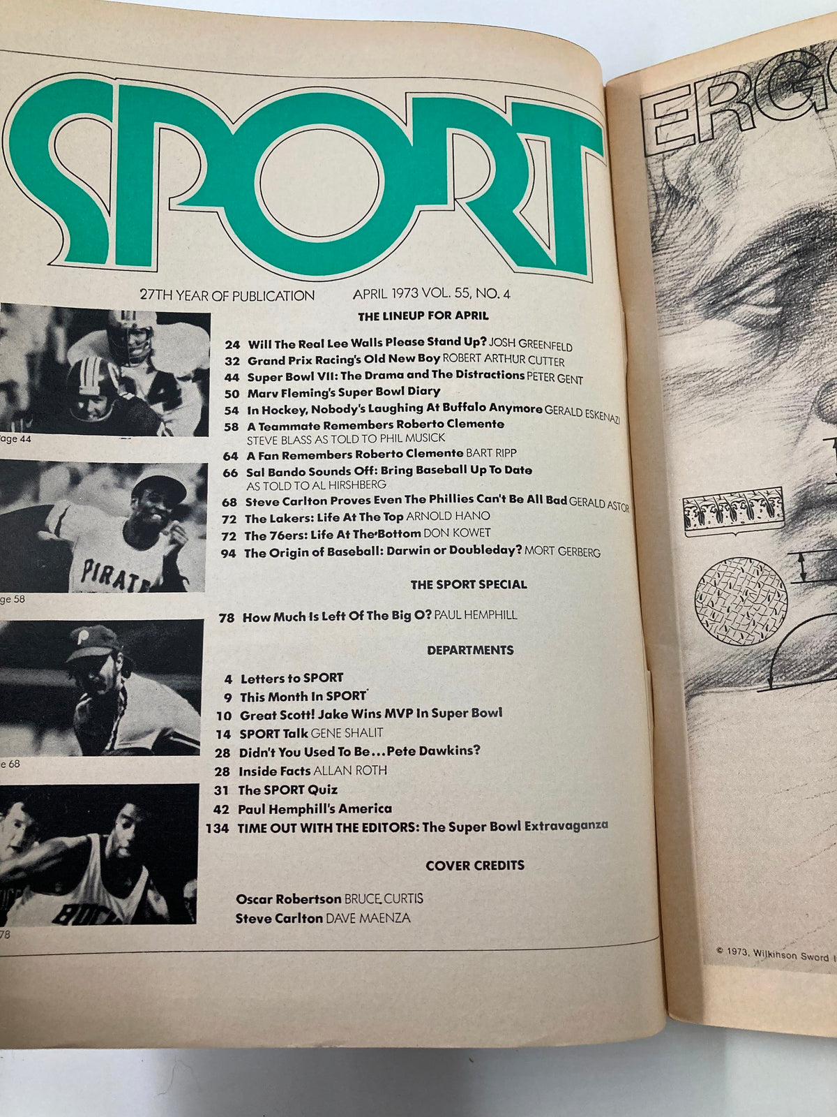 Interior page of the VTG Sport Magazine April 1973 listing articles and cover credits, including features on Oscar Robertson and Steve Carlton.