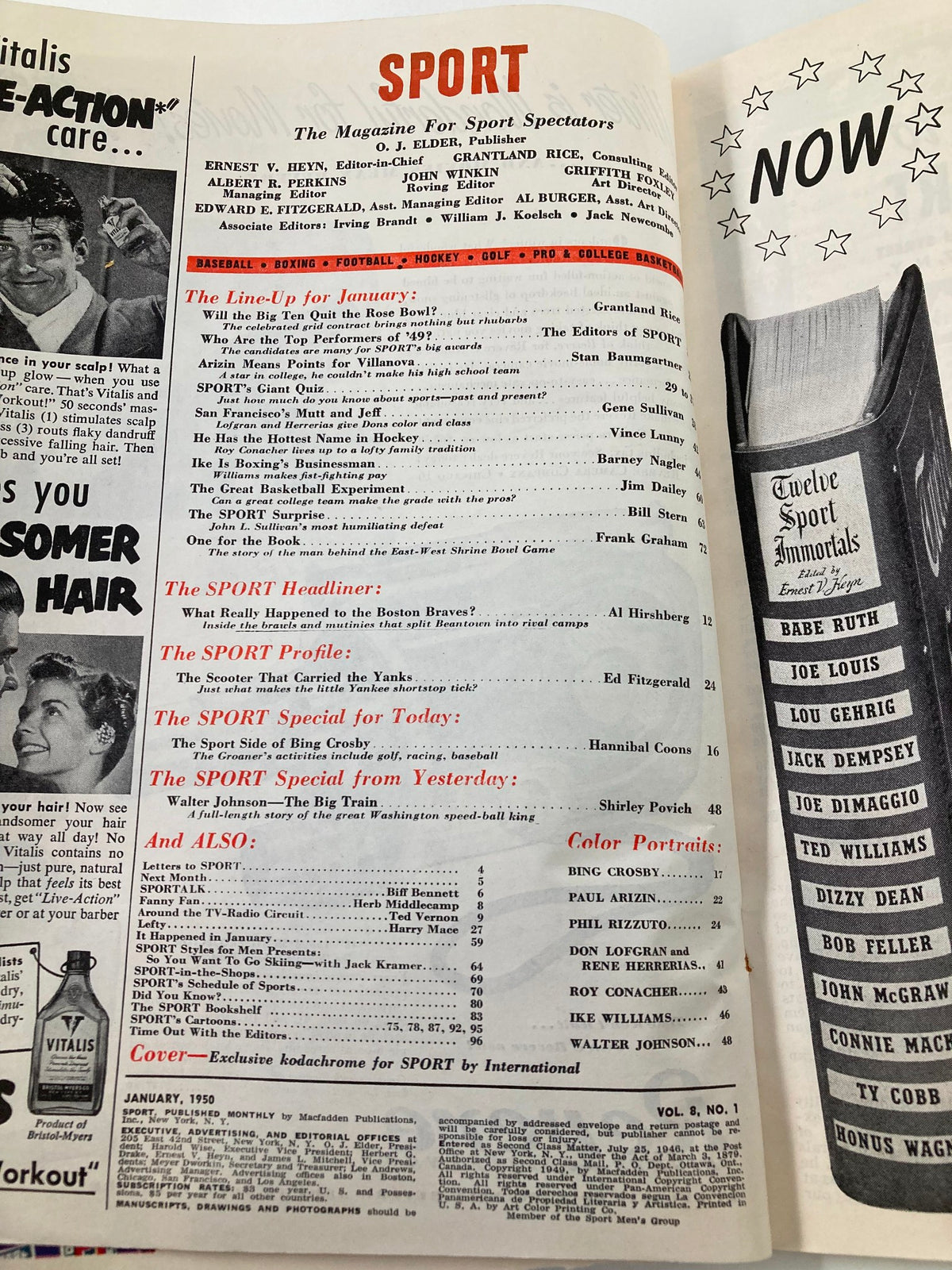 Inside page of VTG Sport Magazine January 1950, featuring the contents list and advertisements that contribute to the magazine's historical significance in sports journalism.