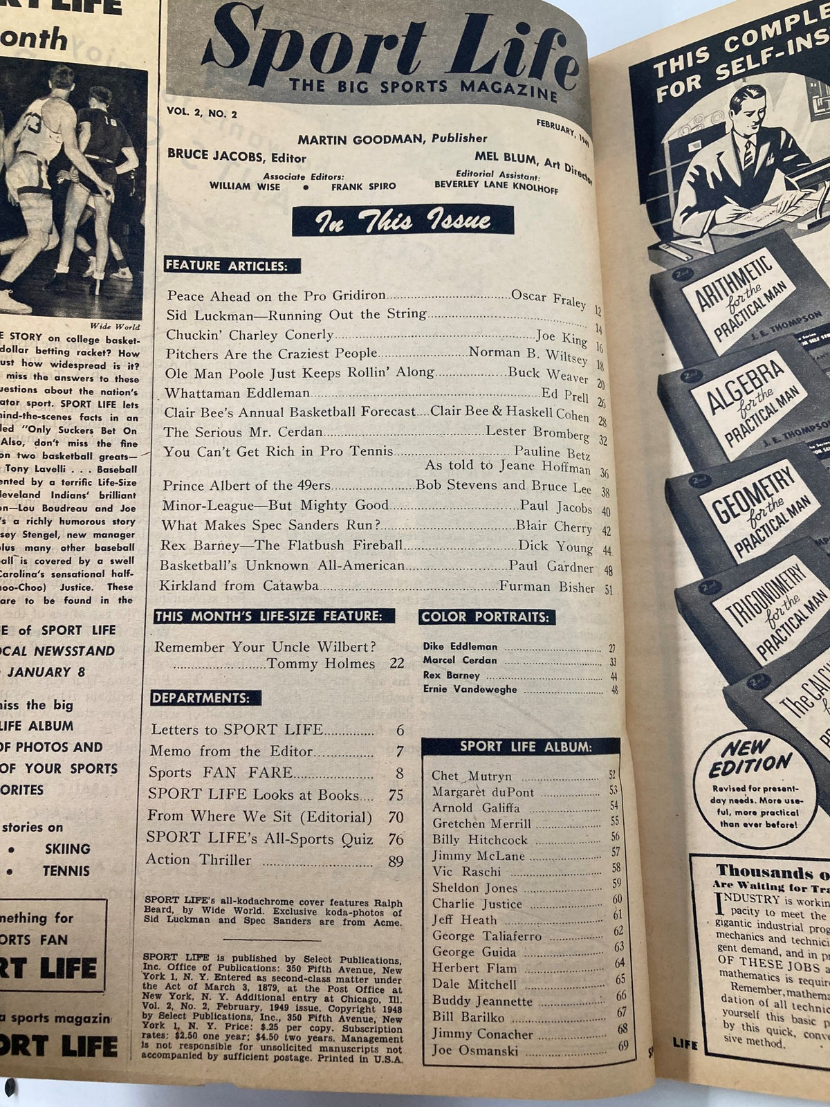 VTG Sport Life Magazine February 1949 features articles on Sid Luckman, Ralph Beard, and sports highlights from the late 1940s, showcasing the magazine's nostalgic design and layout.