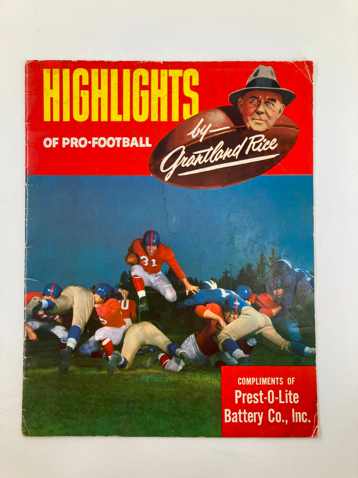 Cover of VTG 1950 Highlights of Pro Football guide magazine by Grantland Rice, featuring colorful images of football players in action.