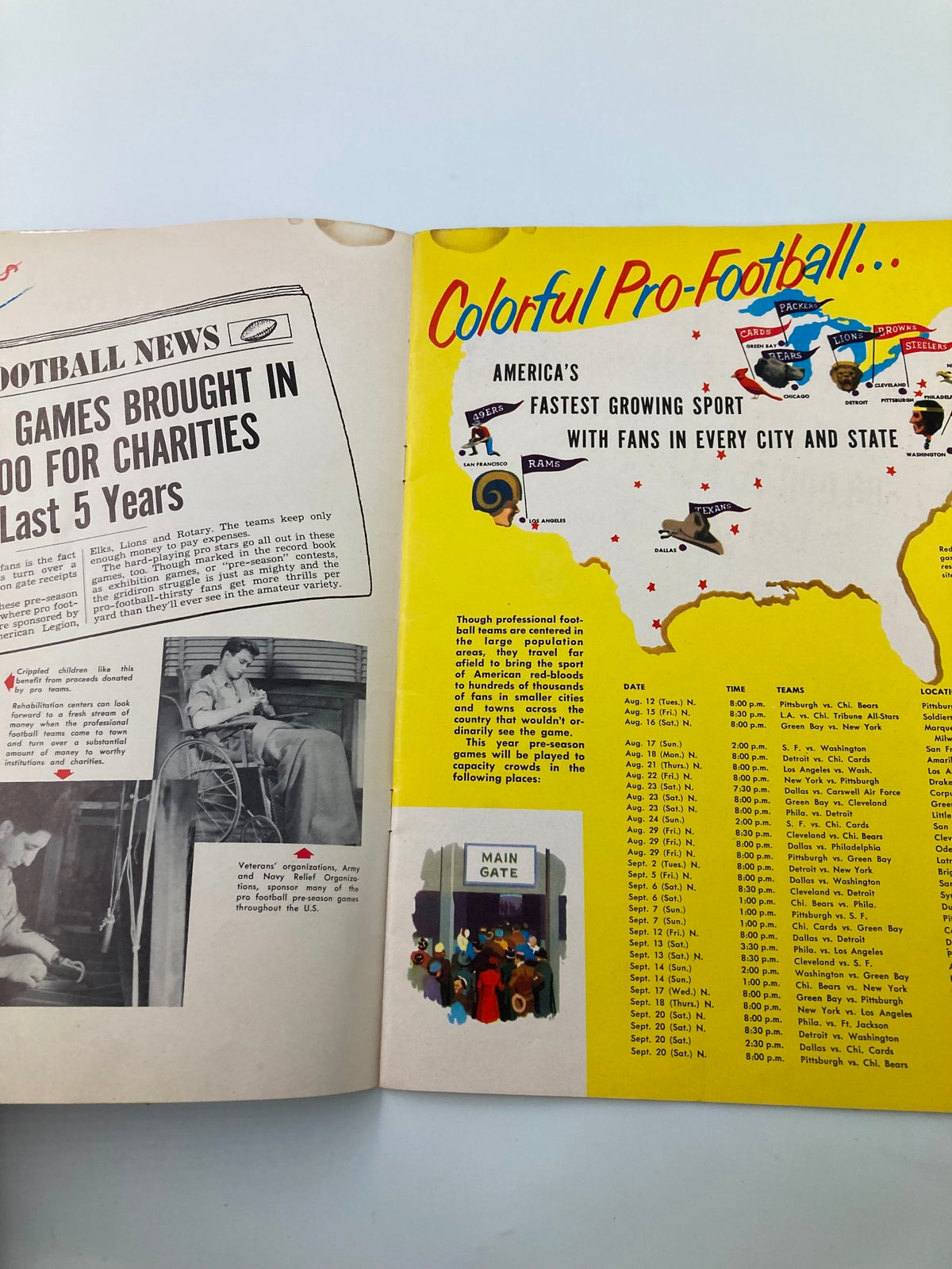 Interior page of VTG 1950 Highlights of Pro Football guide magazine by Grantland Rice, featuring football news and a colorful map highlighting fans across America.