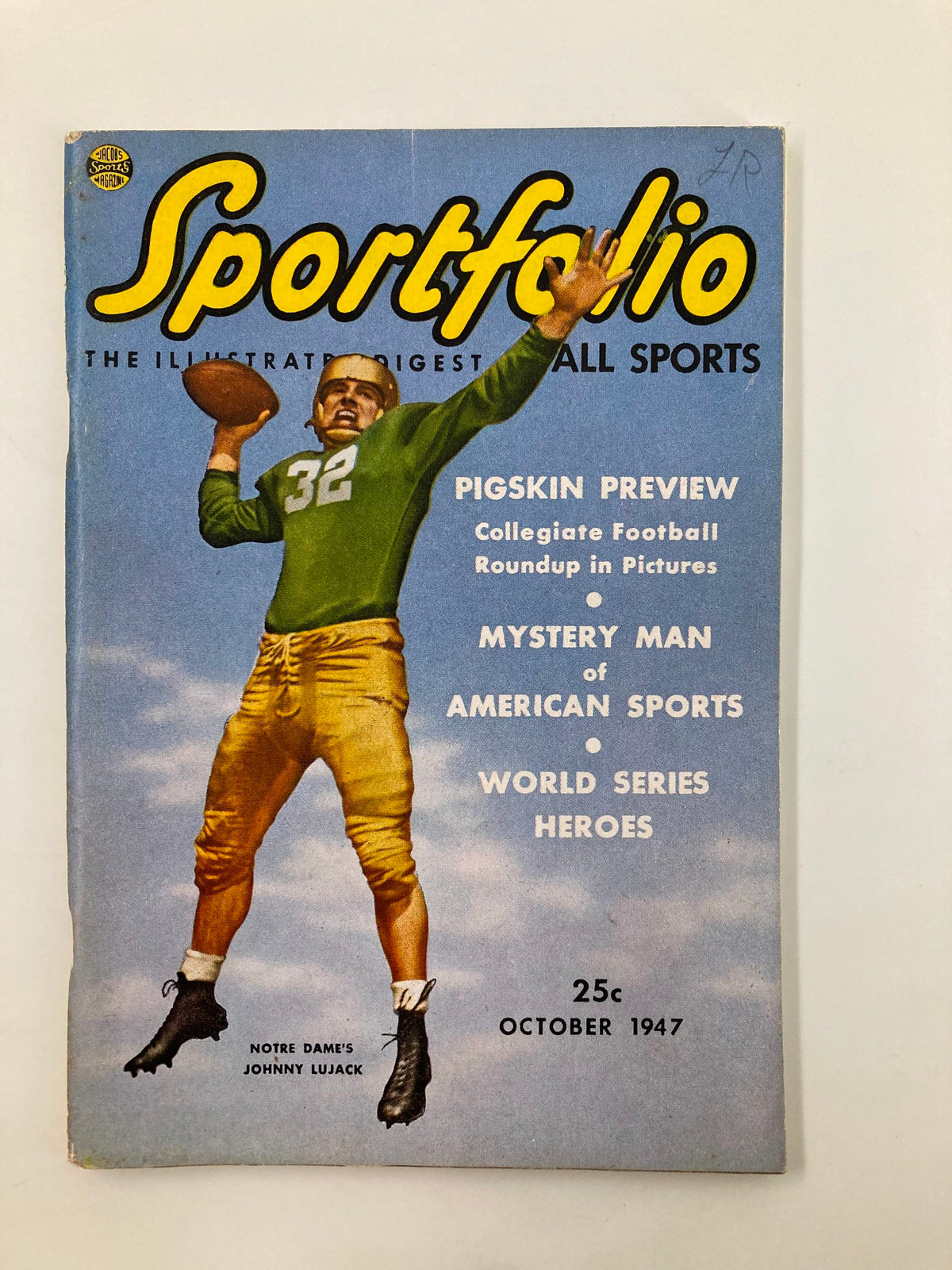 Cover of VTG Sportfolio Magazine October 1947 featuring Notre Dame's Johnny Lujack, showcasing sports highlights including pigskin preview and features on college football.