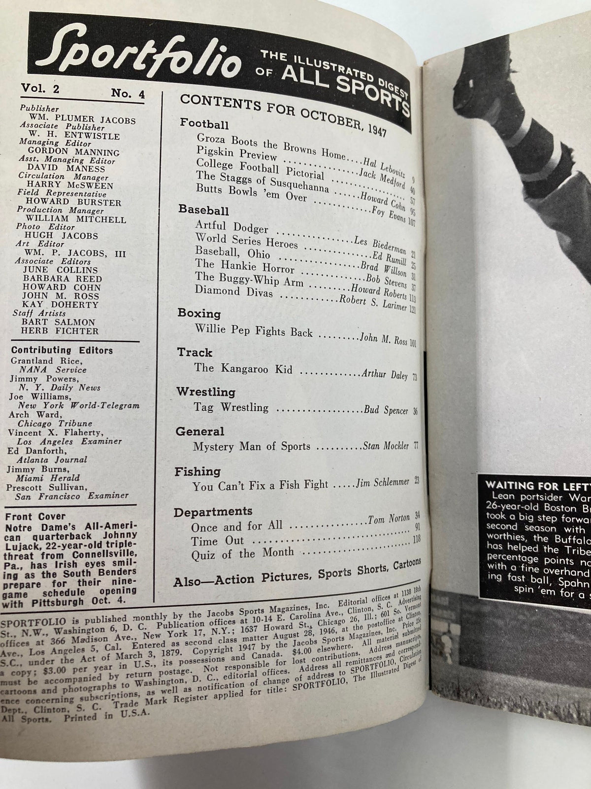 Interior page of VTG Sportfolio Magazine October 1947 displaying the contents list, highlighting various sports articles including football, baseball, and general sports topics.