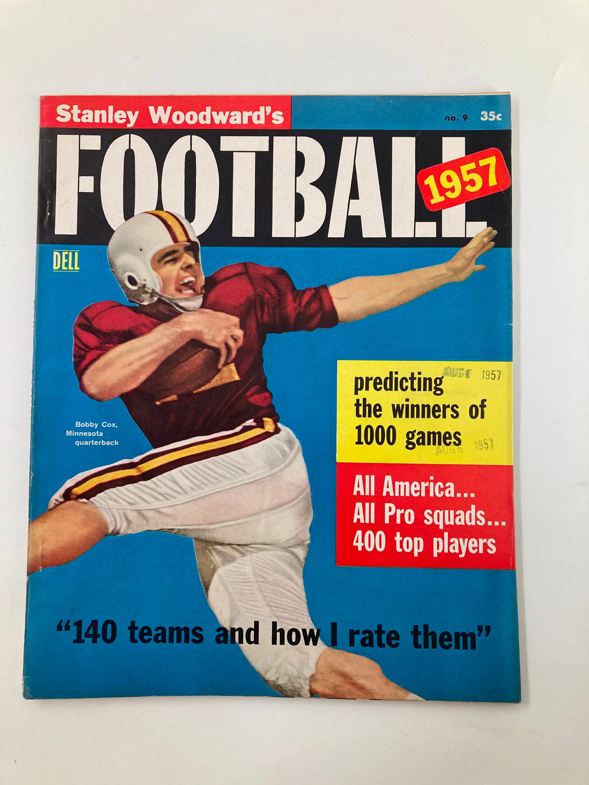 Vintage Stanley Woodward's Football magazine cover from 1957 featuring Bobby Cox, a Minnesota quarterback, showcasing the title and vibrant design.