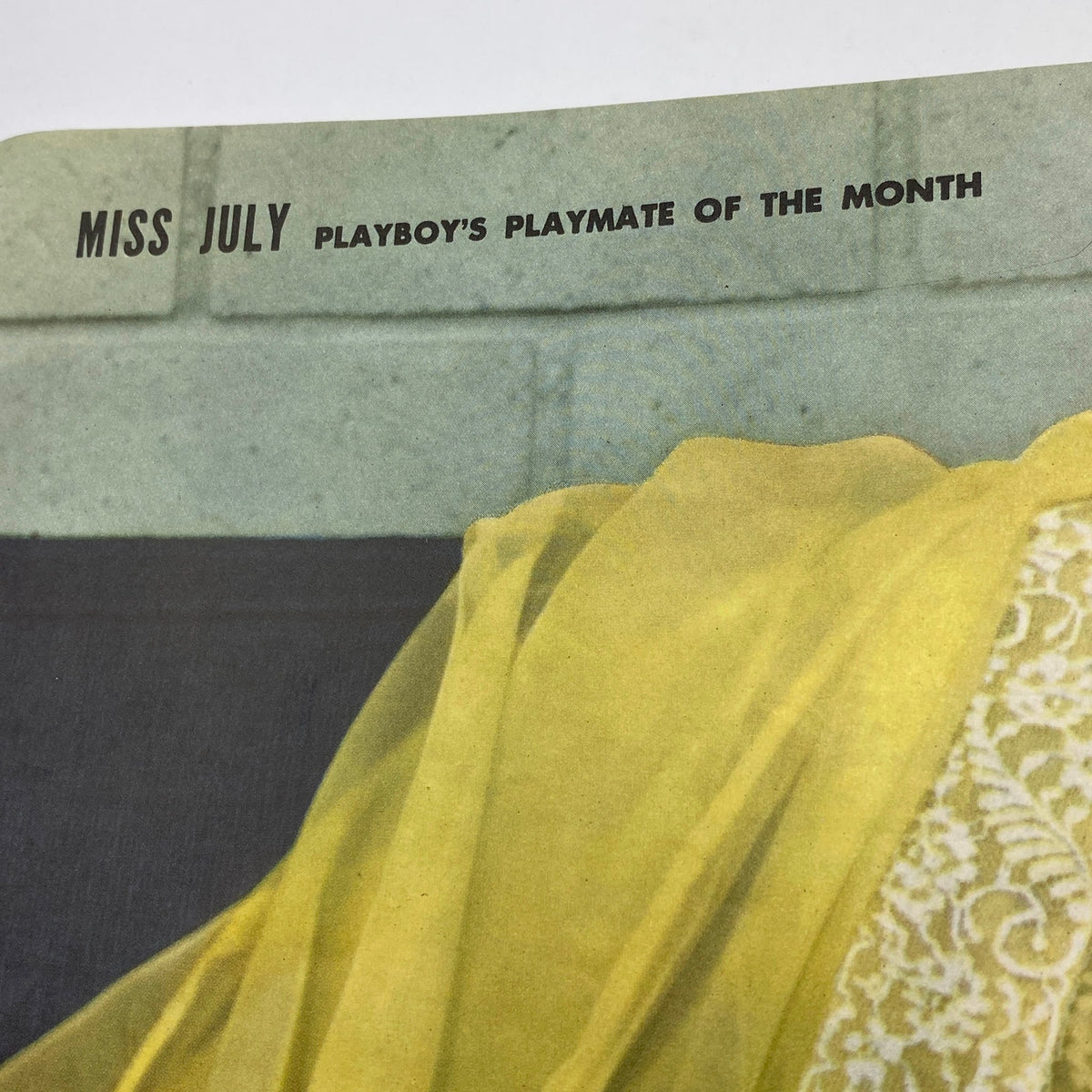 Inside page of VTG Playboy Magazine July 1957 showcasing 'Miss July', Playboy's Playmate of the Month announcement.