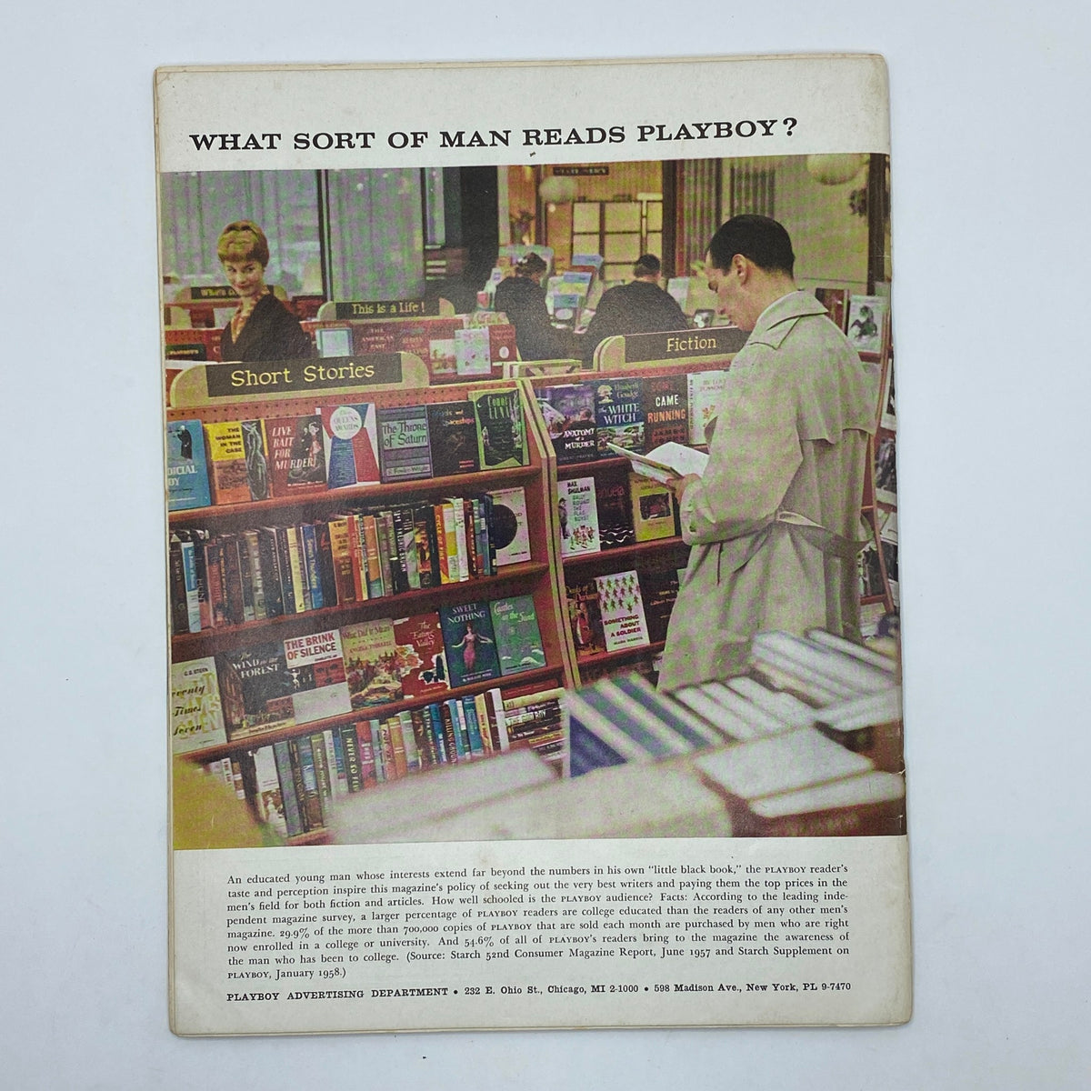 VTG Playboy Magazine June 1958 showcasing an advertisement with the question 'What sort of man reads Playboy?' set in a bookstore scene, highlighting the magazine’s cultural impact.