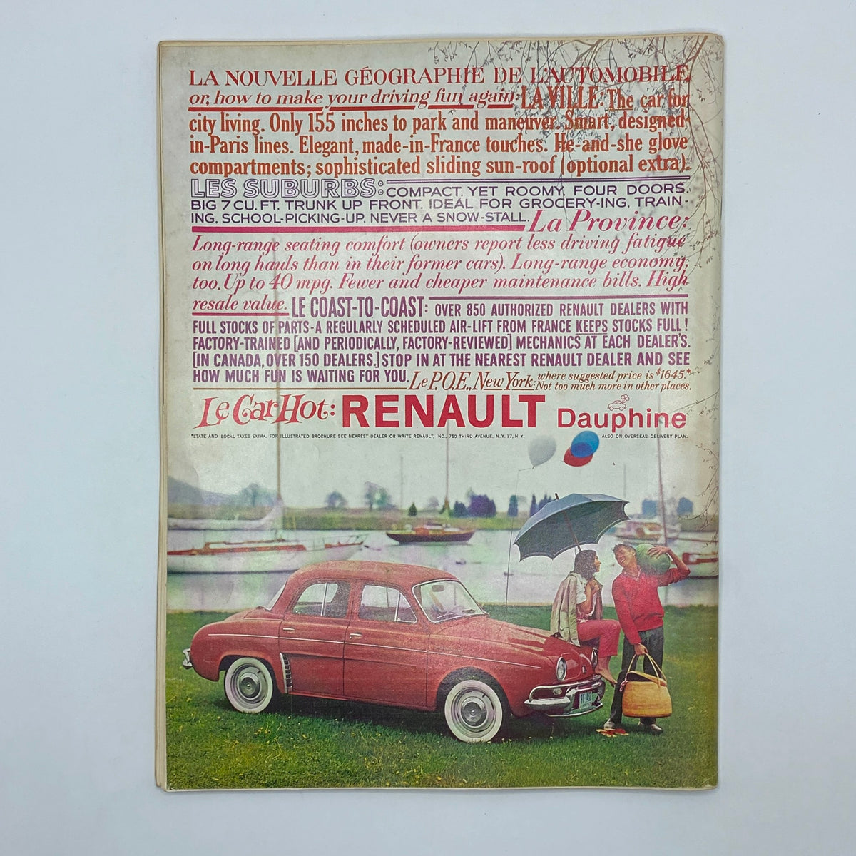 Back cover of VTG Playboy Magazine October 1959 displaying an advertisement for Renault Dauphine, capturing mid-century marketing aesthetics relevant for collectors.