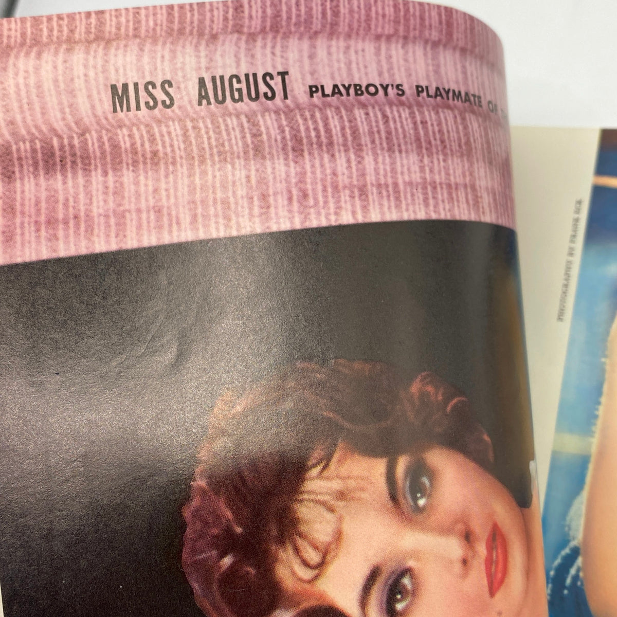 VTG Playboy Magazine August 1959 interior page highlighting Miss August Clayre Peters, emphasizing vintage beauty and classic Playboy aesthetics.