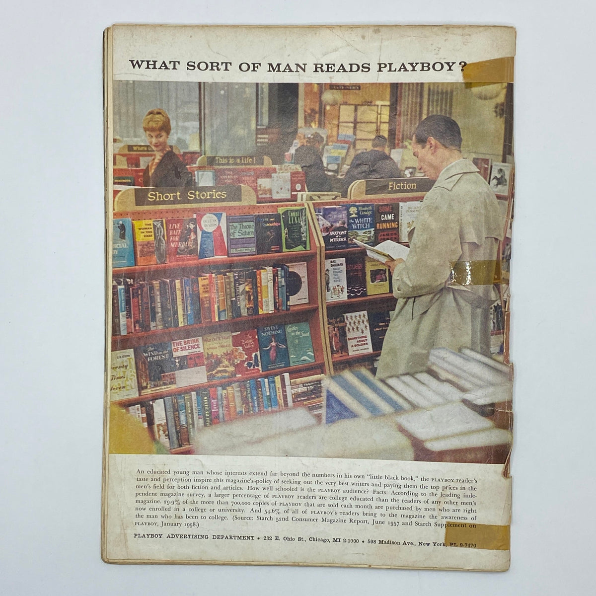 Back cover of the VTG Playboy Magazine June 1958 displaying an advertisement for Playboy, illustrating the publication's influence and readership