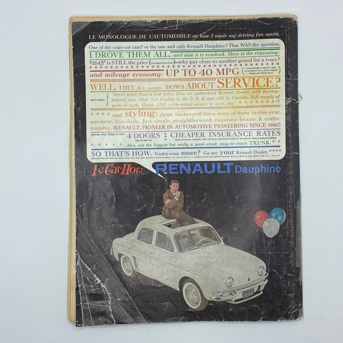 Back cover of the vintage Playboy magazine May 1960, displaying an advertisement for the Renault Dauphine.