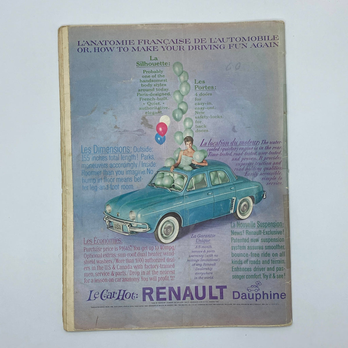 Cover of a vintage magazine showcasing a Renault Dauphine car with a playful model surrounded by balloons, highlighting retro automotive advertising.